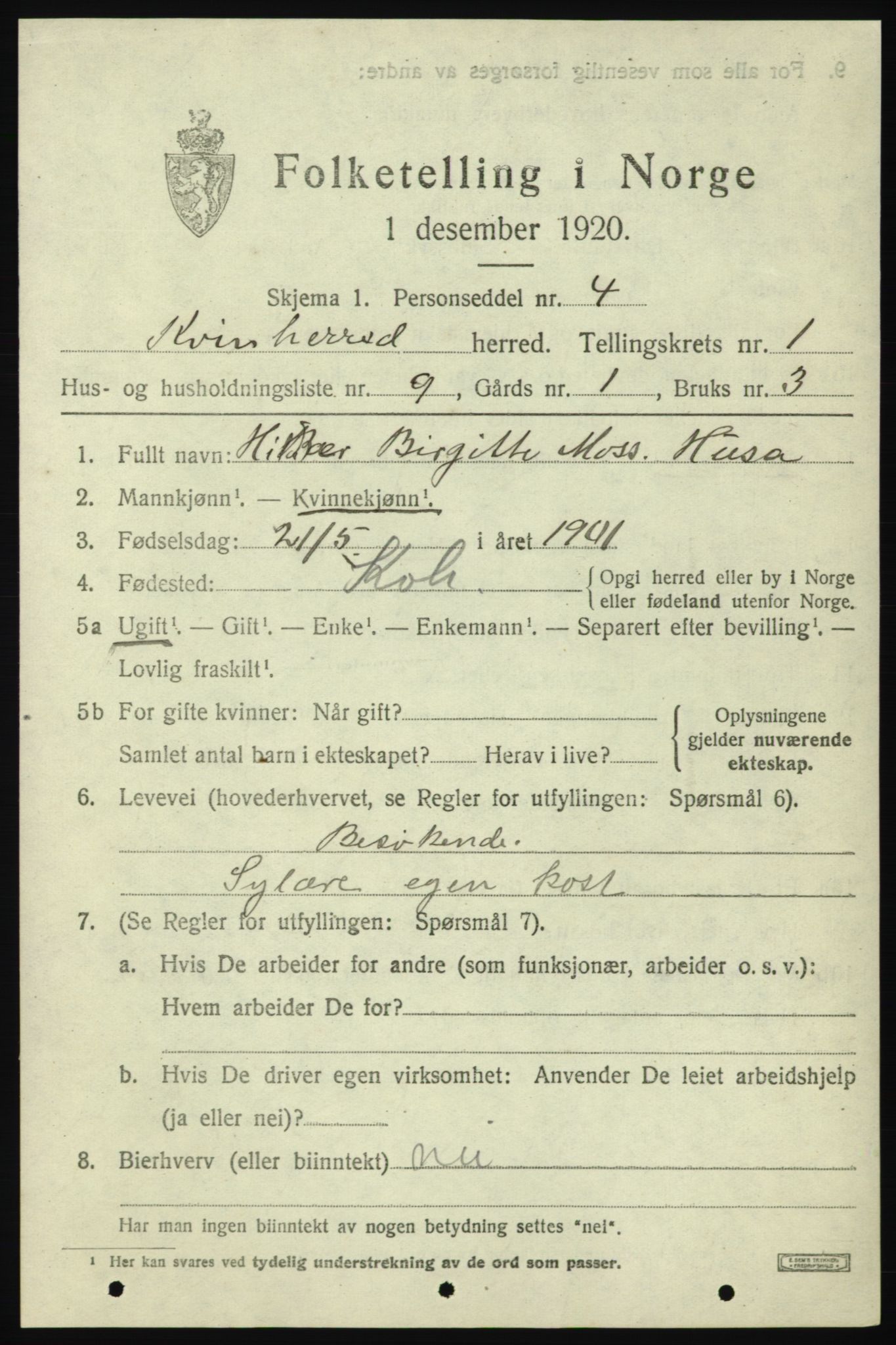 SAB, Folketelling 1920 for 1224 Kvinnherad herred, 1920, s. 3836