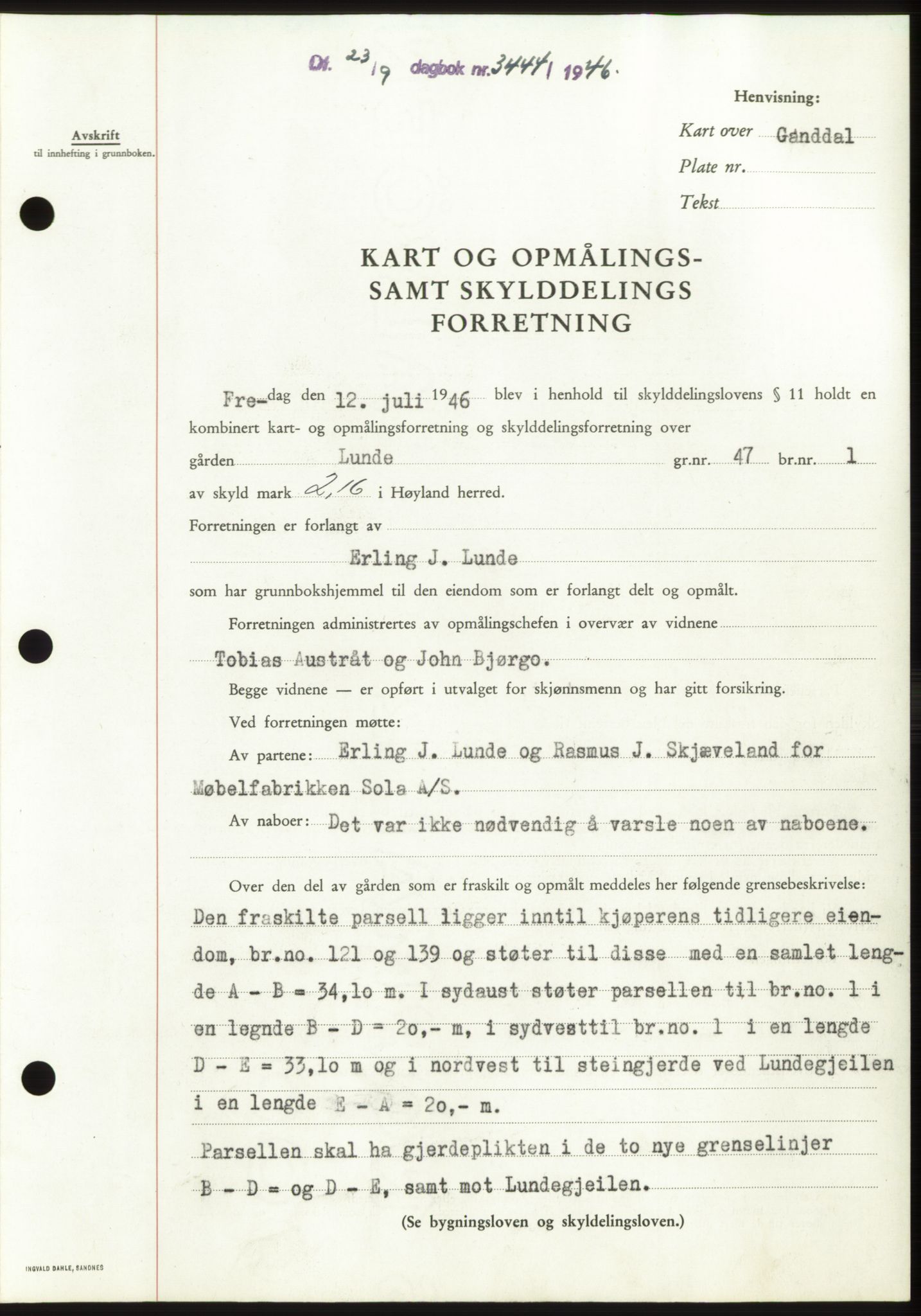 Jæren sorenskriveri, SAST/A-100310/03/G/Gba/L0091: Pantebok, 1946-1946, Dagboknr: 3444/1946