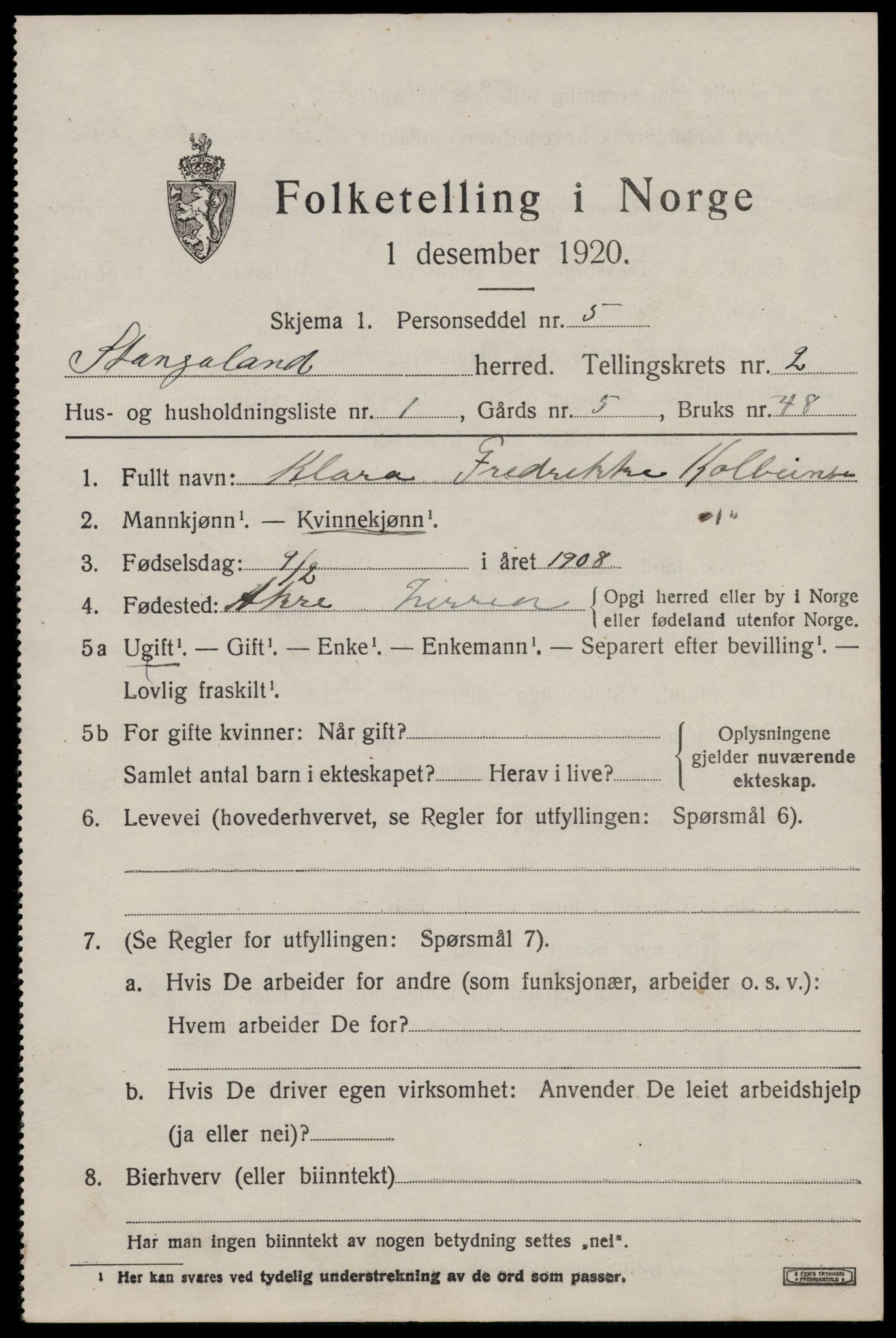 SAST, Folketelling 1920 for 1148 Stangaland herred, 1920, s. 1207