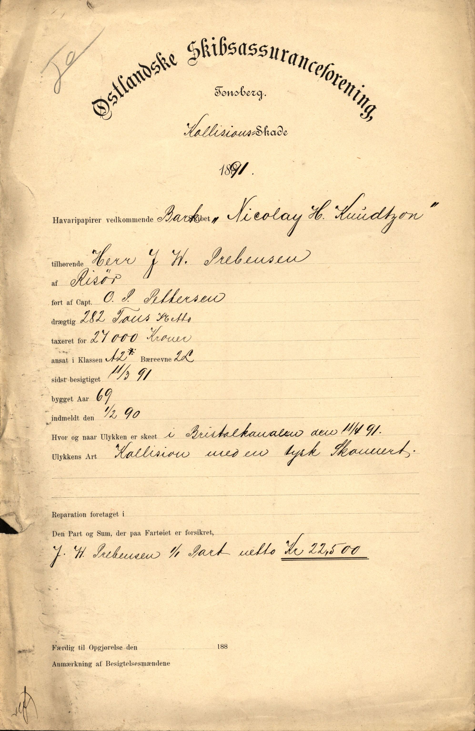 Pa 63 - Østlandske skibsassuranceforening, VEMU/A-1079/G/Ga/L0027/0015: Havaridokumenter / Orion, Orient, Nicolay H. Knudtzon, Natanael, Norrøna, 1891, s. 45