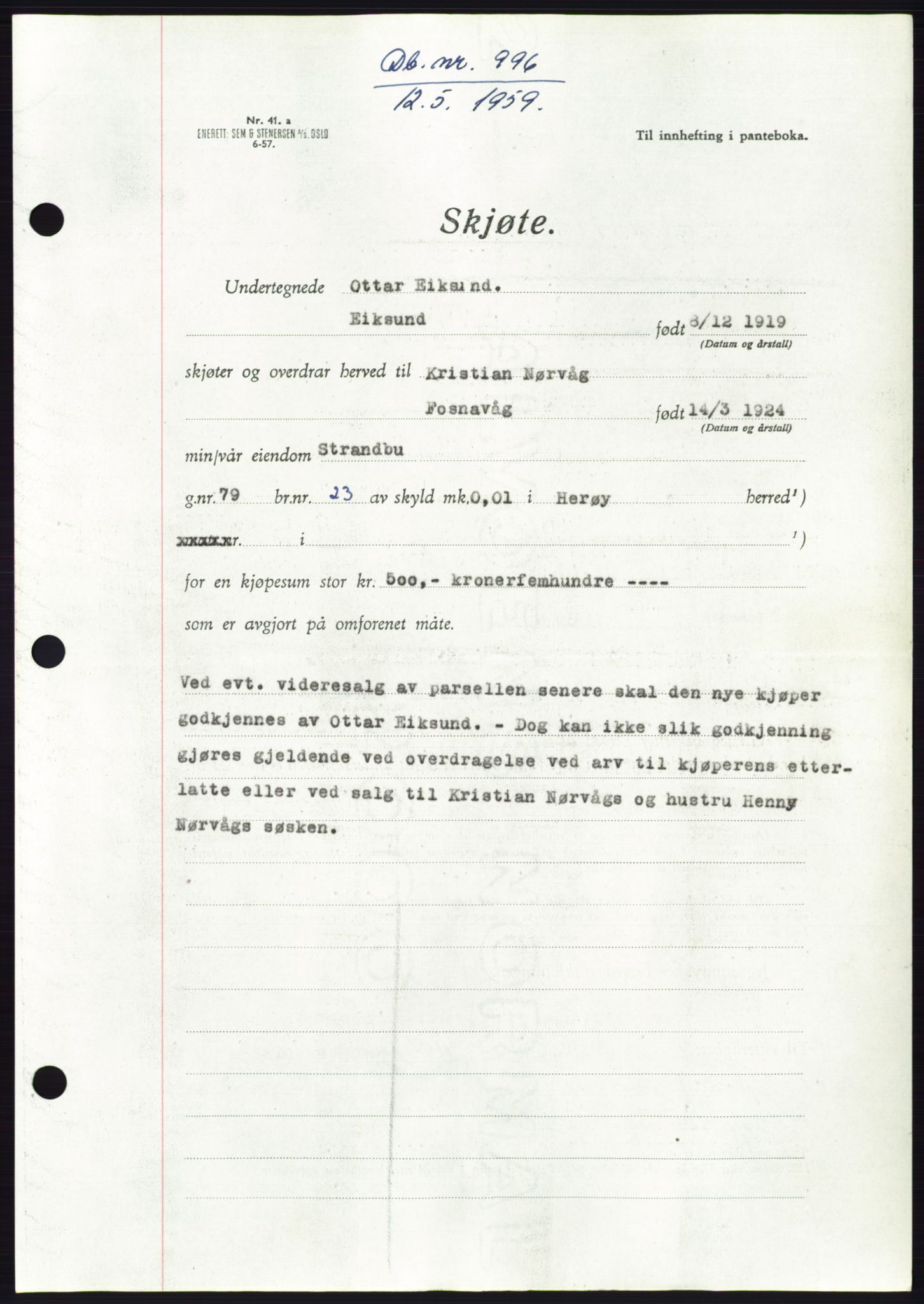 Søre Sunnmøre sorenskriveri, SAT/A-4122/1/2/2C/L0112: Pantebok nr. 38A, 1959-1959, Dagboknr: 996/1959