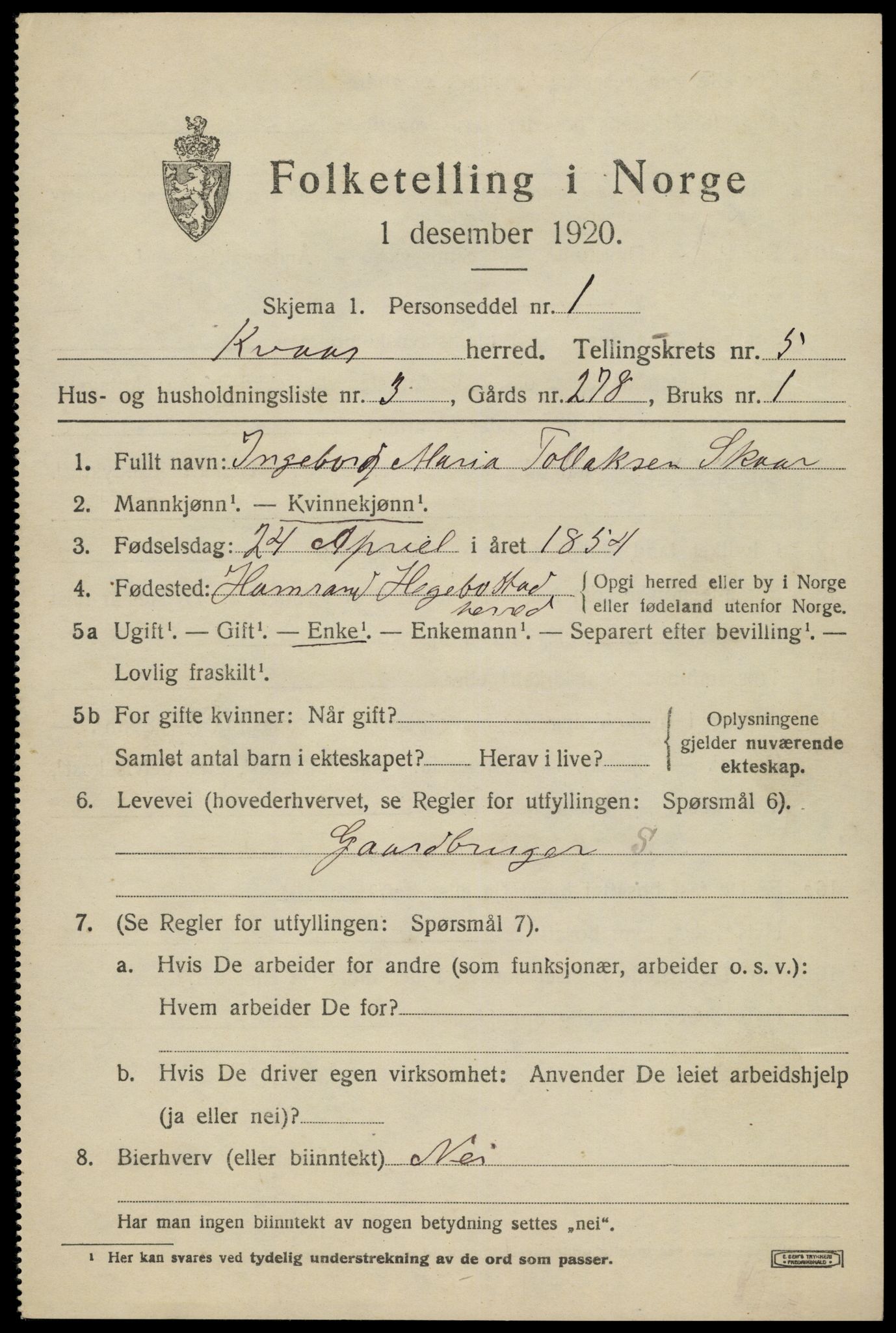 SAK, Folketelling 1920 for 1033 Kvås herred, 1920, s. 1304