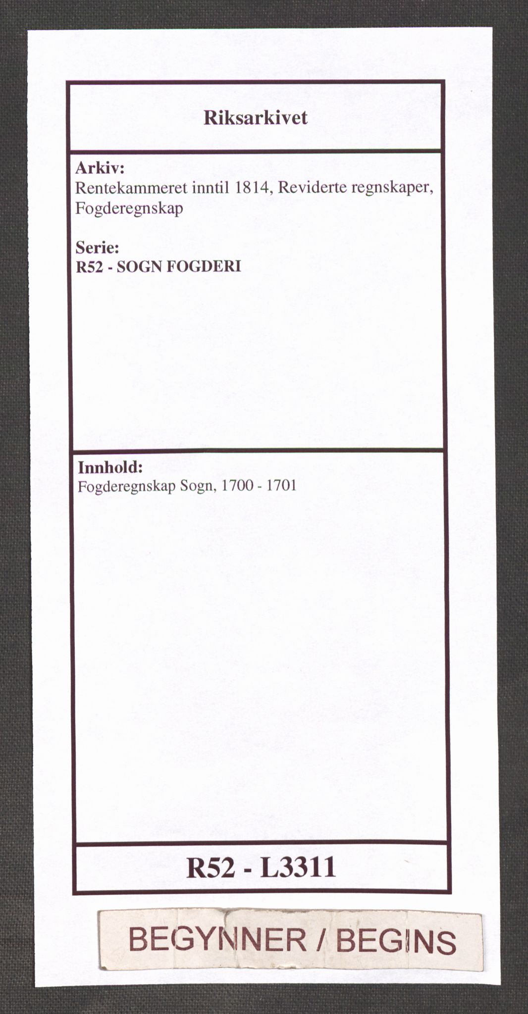 Rentekammeret inntil 1814, Reviderte regnskaper, Fogderegnskap, RA/EA-4092/R52/L3311: Fogderegnskap Sogn, 1700-1701, s. 1