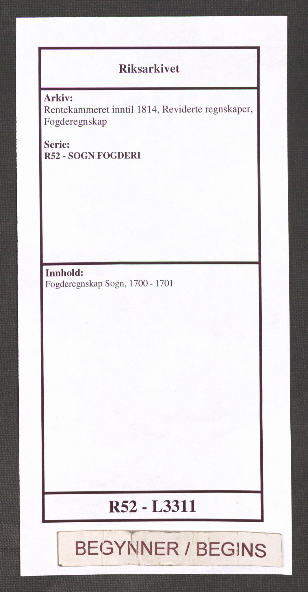 Rentekammeret inntil 1814, Reviderte regnskaper, Fogderegnskap, AV/RA-EA-4092/R52/L3311: Fogderegnskap Sogn, 1700-1701, s. 1