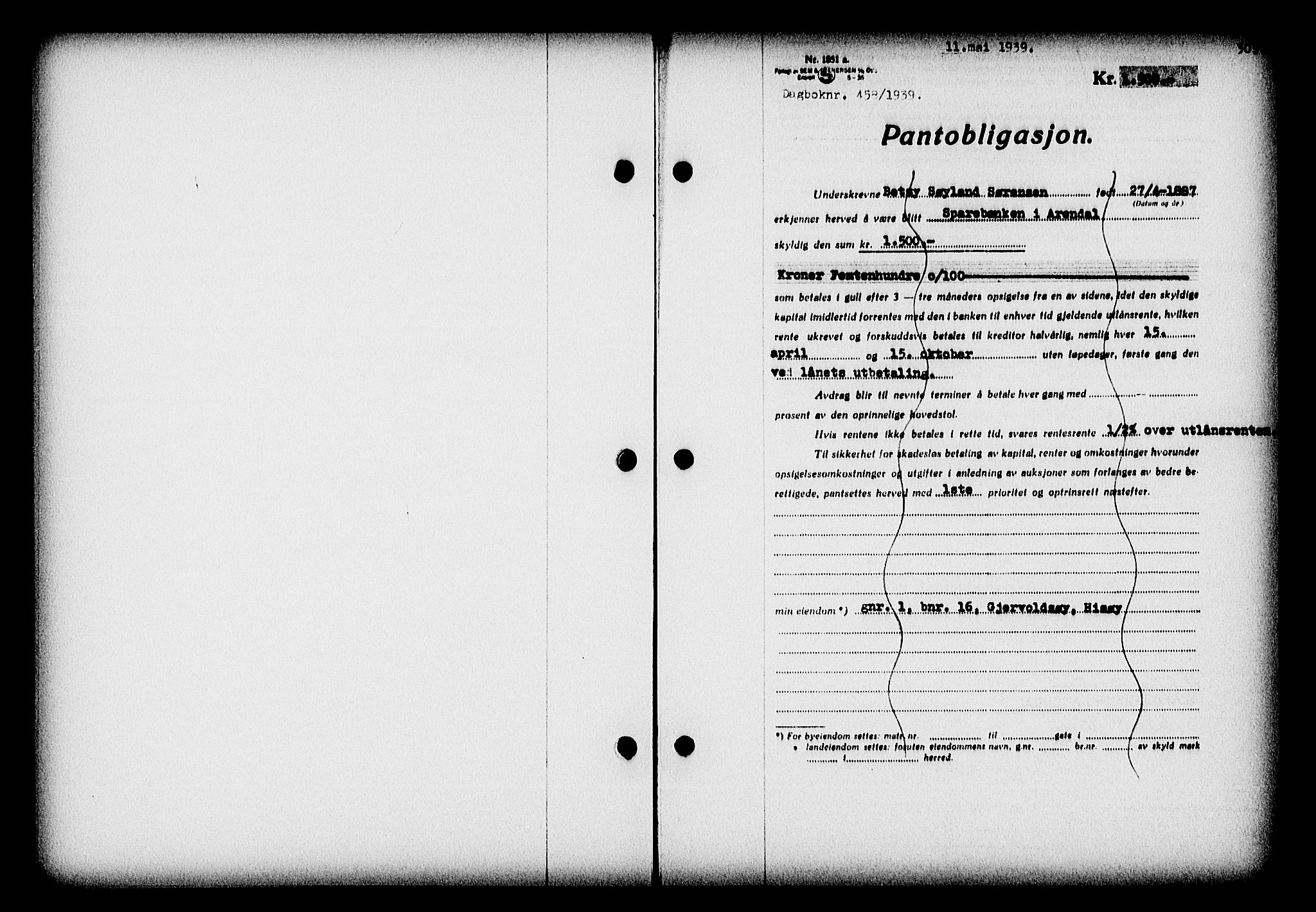 Nedenes sorenskriveri, AV/SAK-1221-0006/G/Gb/Gba/L0046: Pantebok nr. 42, 1938-1939, Dagboknr: 458/1939