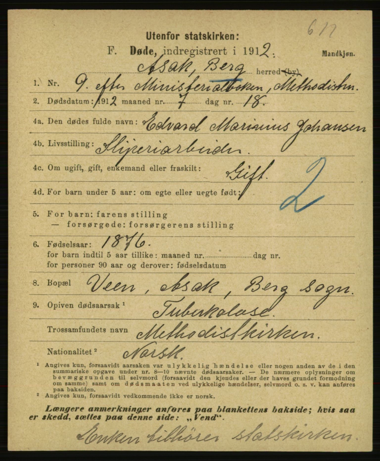 Statistisk sentralbyrå, Sosiodemografiske emner, Befolkning, AV/RA-S-2228/E/L0010: Fødte, gifte, døde dissentere., 1912, s. 2409