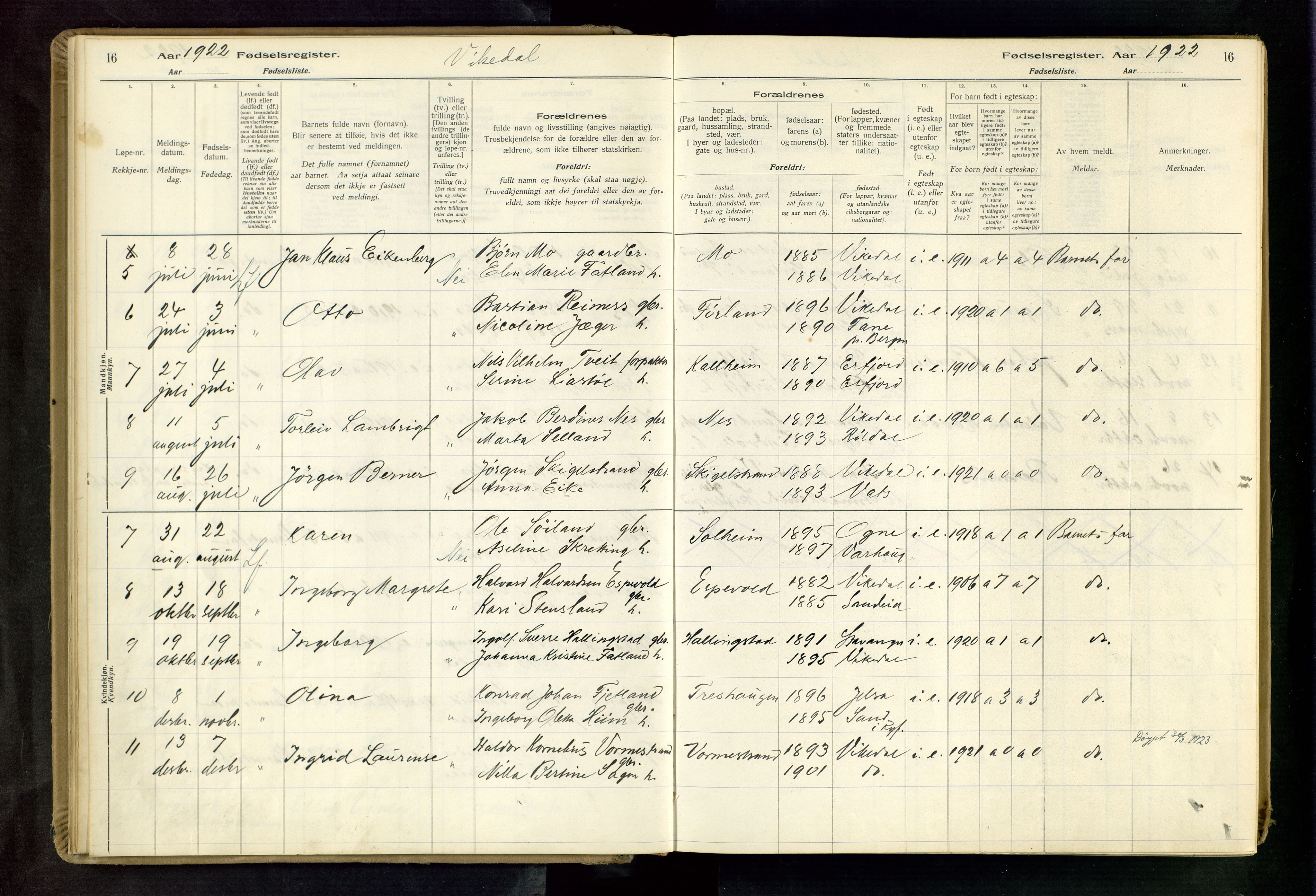 Vikedal sokneprestkontor, AV/SAST-A-101840/01/II: Fødselsregister nr. 3, 1916-1982, s. 16