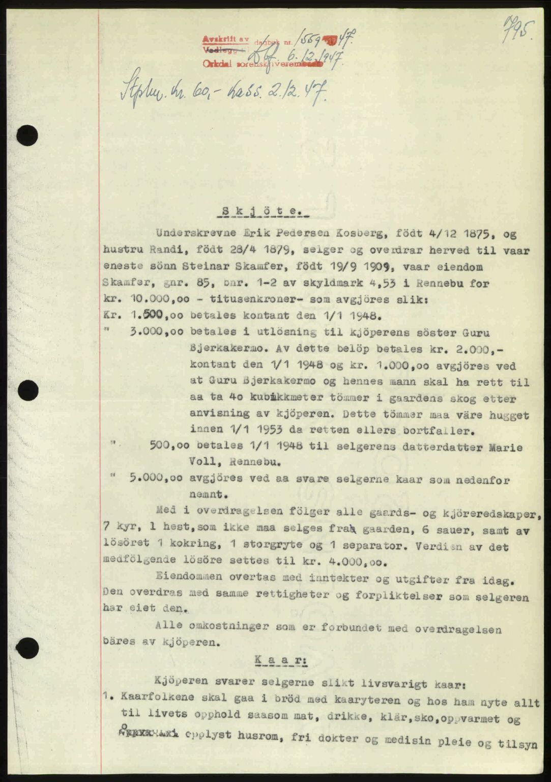 Orkdal sorenskriveri, SAT/A-4169/1/2/2C: Pantebok nr. A, 1947-1947, Dagboknr: 1559/1947