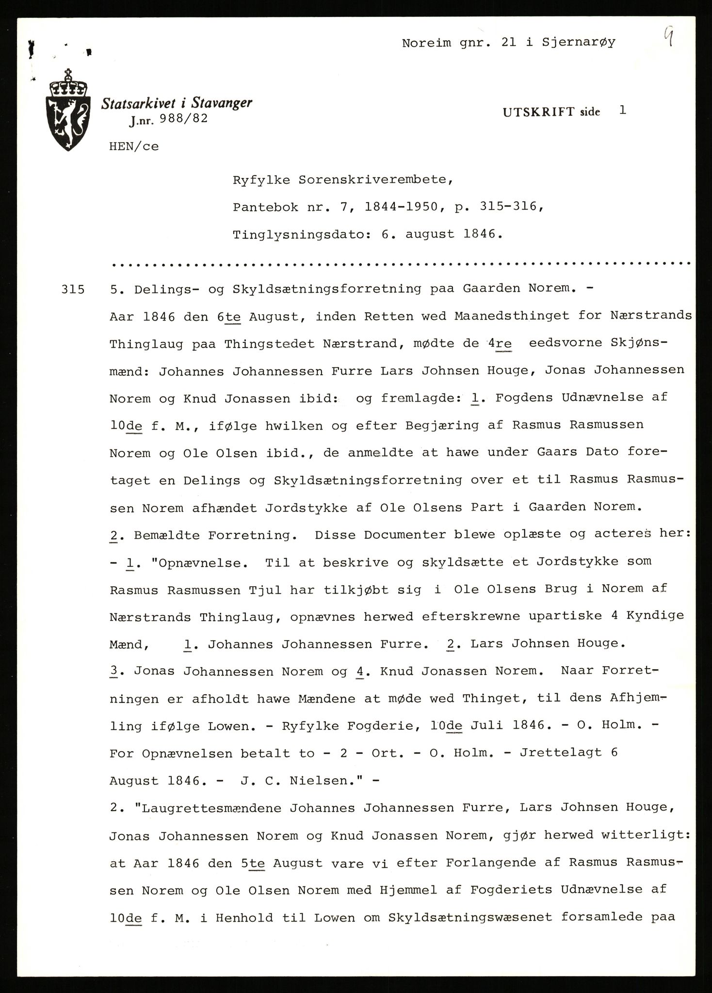 Statsarkivet i Stavanger, AV/SAST-A-101971/03/Y/Yj/L0064: Avskrifter sortert etter gårdsnavn: Noreim - Odland i Bjerkreim, 1750-1930, s. 14