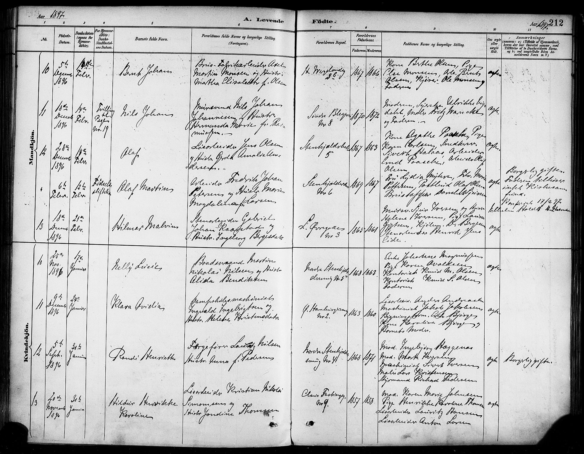 Korskirken sokneprestembete, AV/SAB-A-76101/H/Haa/L0022: Ministerialbok nr. B 8, 1889-1899, s. 212