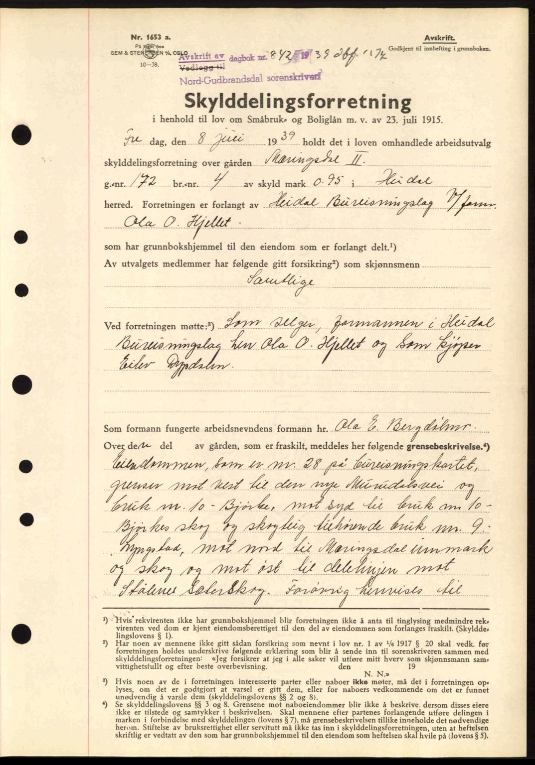 Nord-Gudbrandsdal tingrett, SAH/TING-002/H/Hb/Hbb/L0005: Pantebok nr. FA5, 1939-1940, Dagboknr: 842/1939