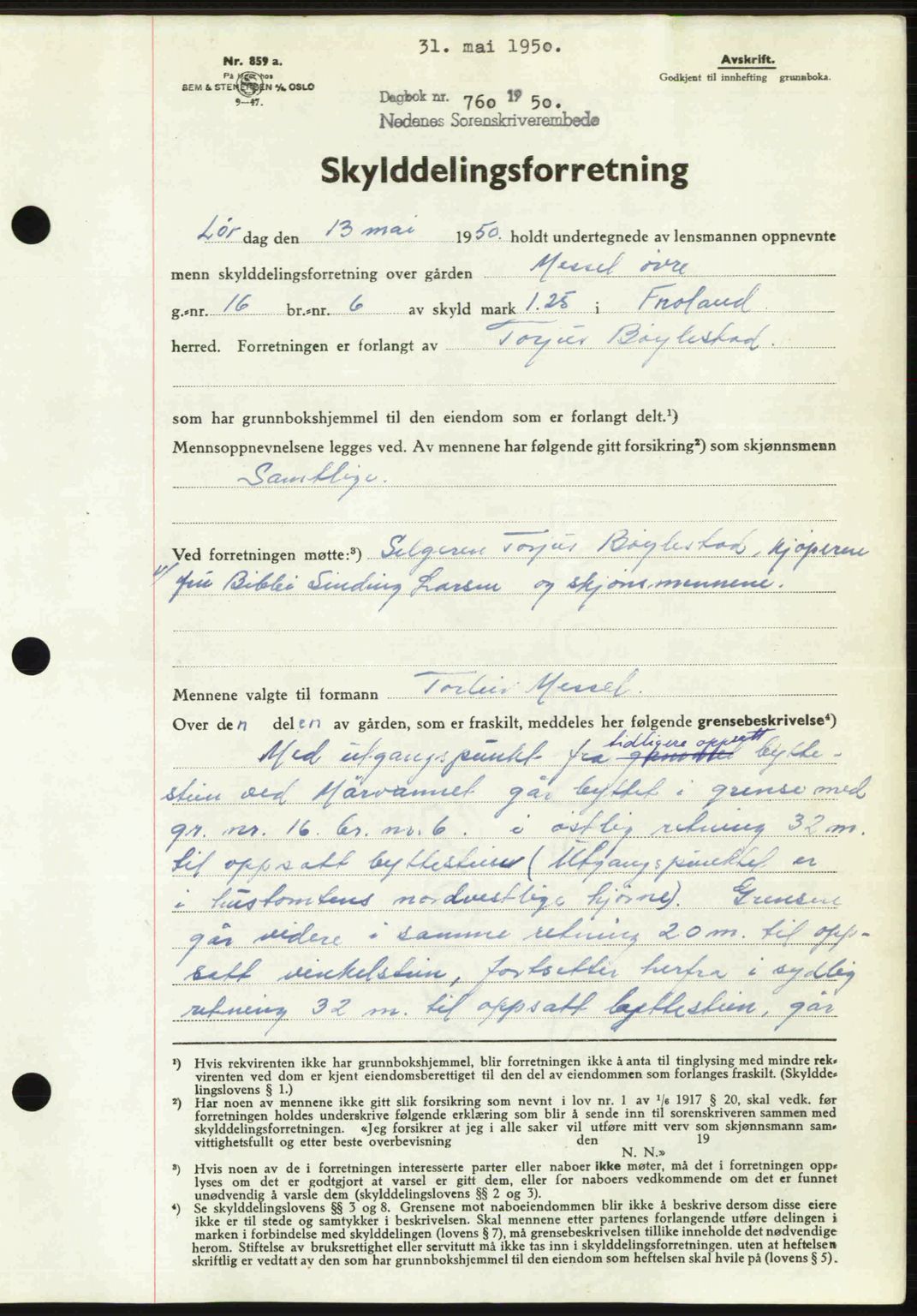 Nedenes sorenskriveri, SAK/1221-0006/G/Gb/Gba/L0062: Pantebok nr. A14, 1949-1950, Dagboknr: 760/1950