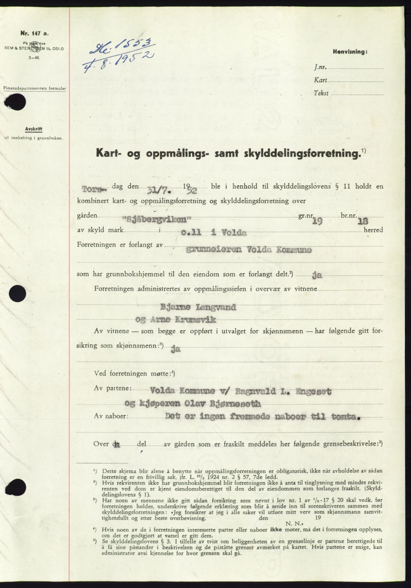 Søre Sunnmøre sorenskriveri, AV/SAT-A-4122/1/2/2C/L0092: Pantebok nr. 18A, 1952-1952, Dagboknr: 1553/1952