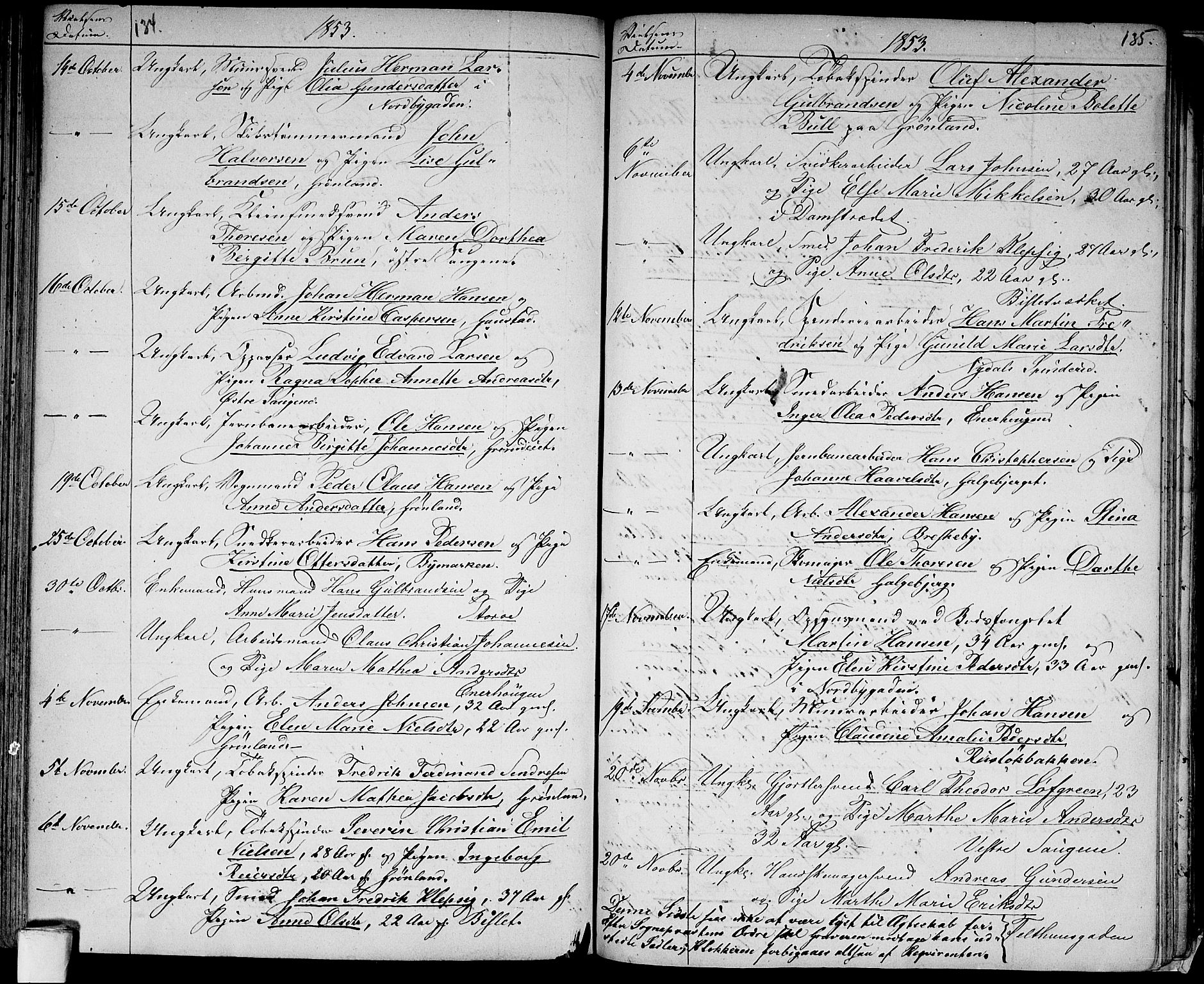 Aker prestekontor kirkebøker, AV/SAO-A-10861/G/L0011: Klokkerbok nr. 11, 1846-1859, s. 134-135