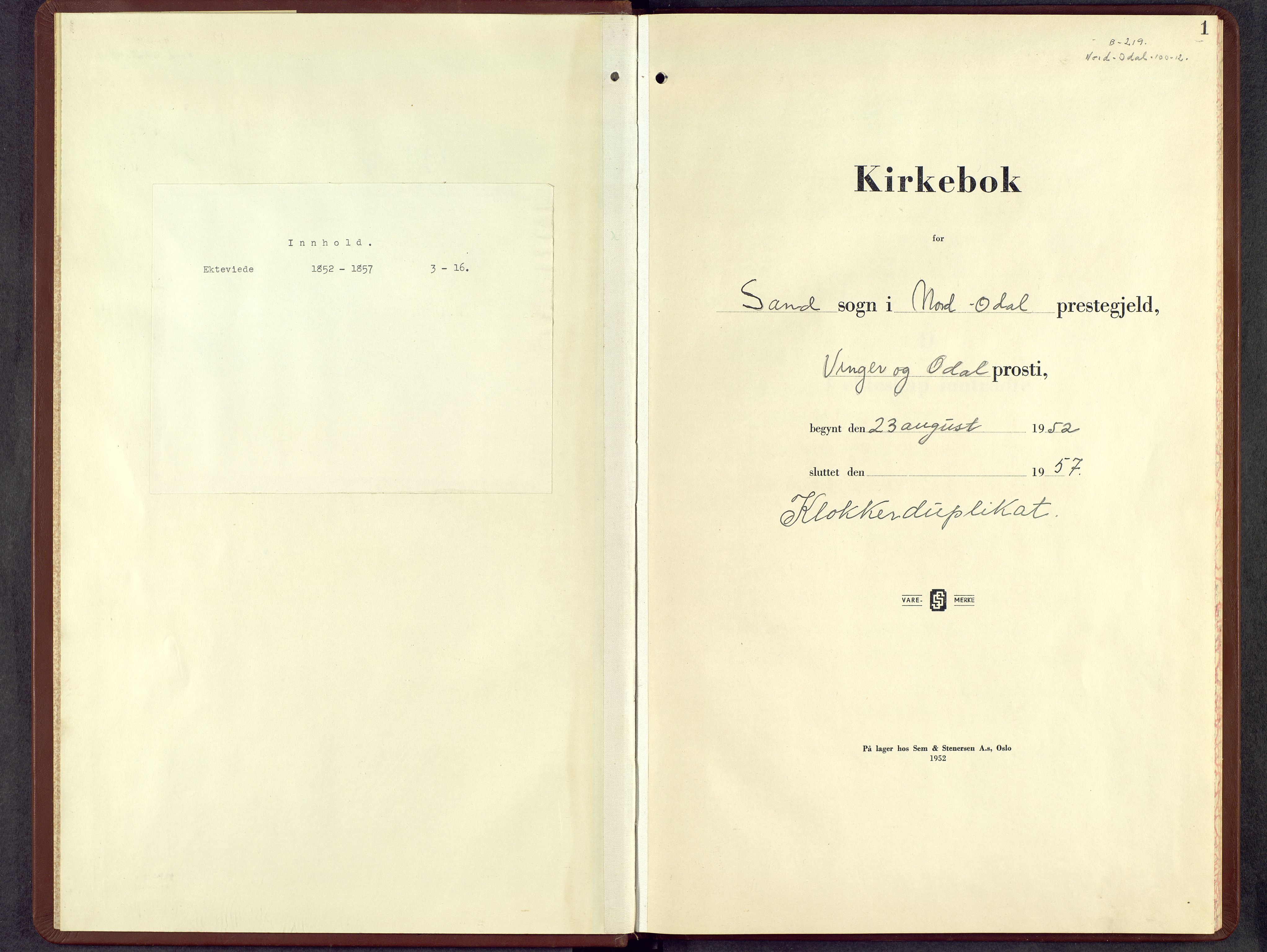 Nord-Odal prestekontor, AV/SAH-PREST-032/H/Ha/Hab/L0009: Klokkerbok nr. 9, 1952-1957, s. 1