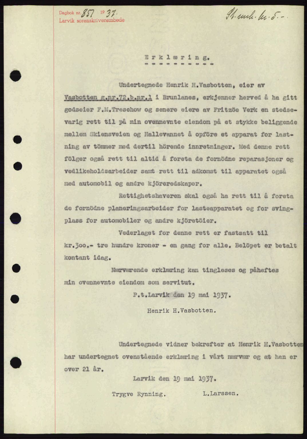Larvik sorenskriveri, SAKO/A-83/G/Ga/Gab/L0067: Pantebok nr. A-1, 1936-1937, Dagboknr: 851/1937