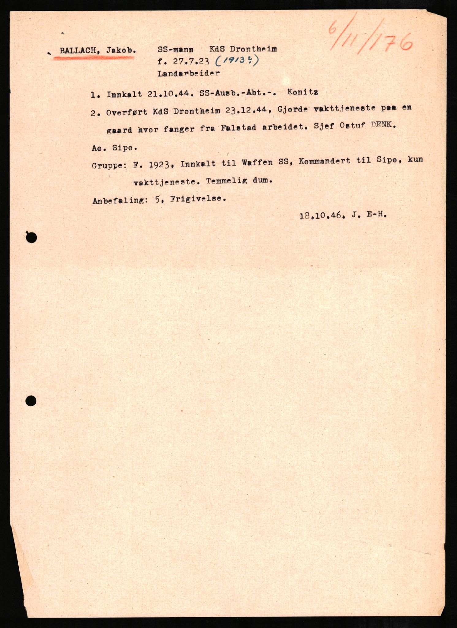 Forsvaret, Forsvarets overkommando II, AV/RA-RAFA-3915/D/Db/L0002: CI Questionaires. Tyske okkupasjonsstyrker i Norge. Tyskere., 1945-1946, s. 5