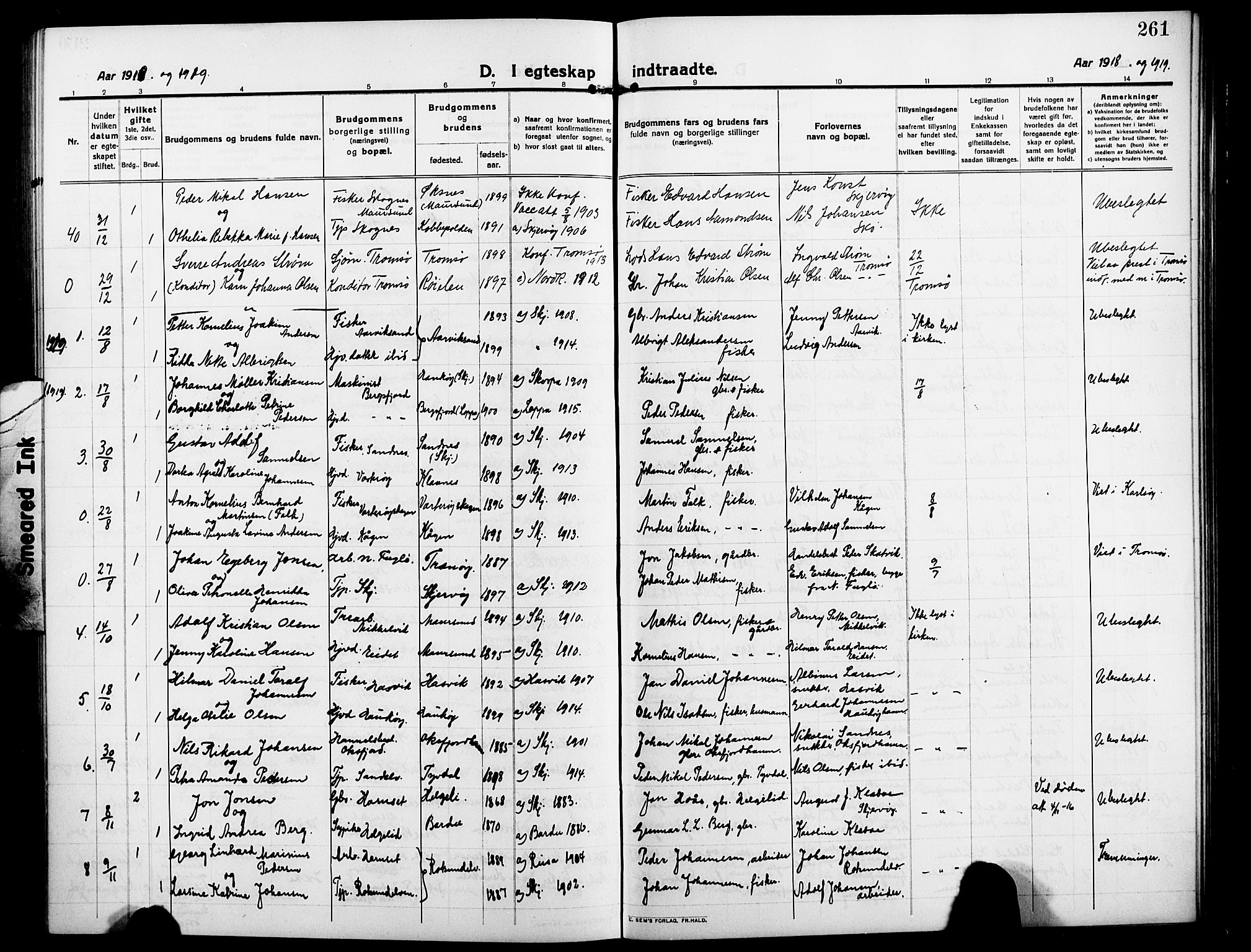 Skjervøy sokneprestkontor, AV/SATØ-S-1300/H/Ha/Hab/L0009klokker: Klokkerbok nr. 9, 1911-1926, s. 261