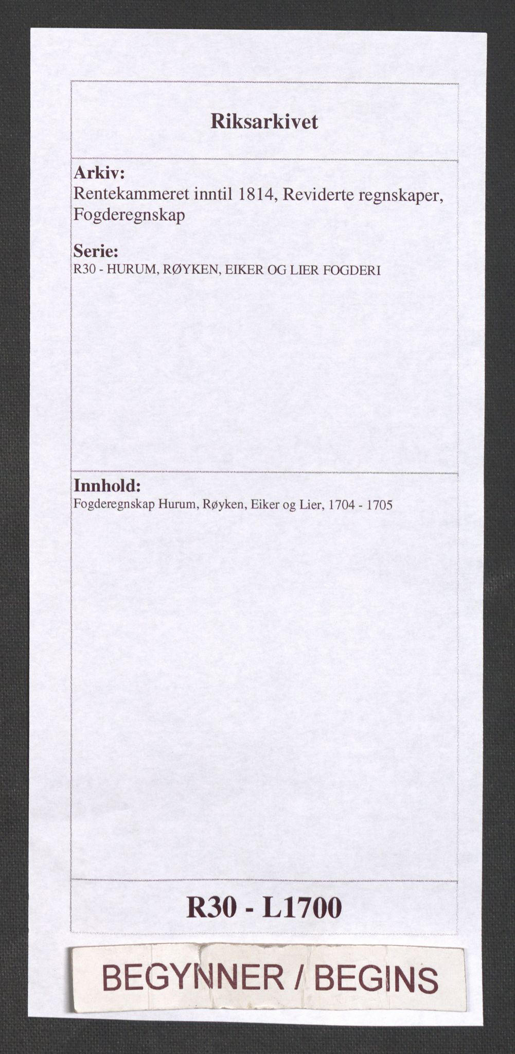 Rentekammeret inntil 1814, Reviderte regnskaper, Fogderegnskap, AV/RA-EA-4092/R30/L1700: Fogderegnskap Hurum, Røyken, Eiker og Lier, 1704-1705, s. 1