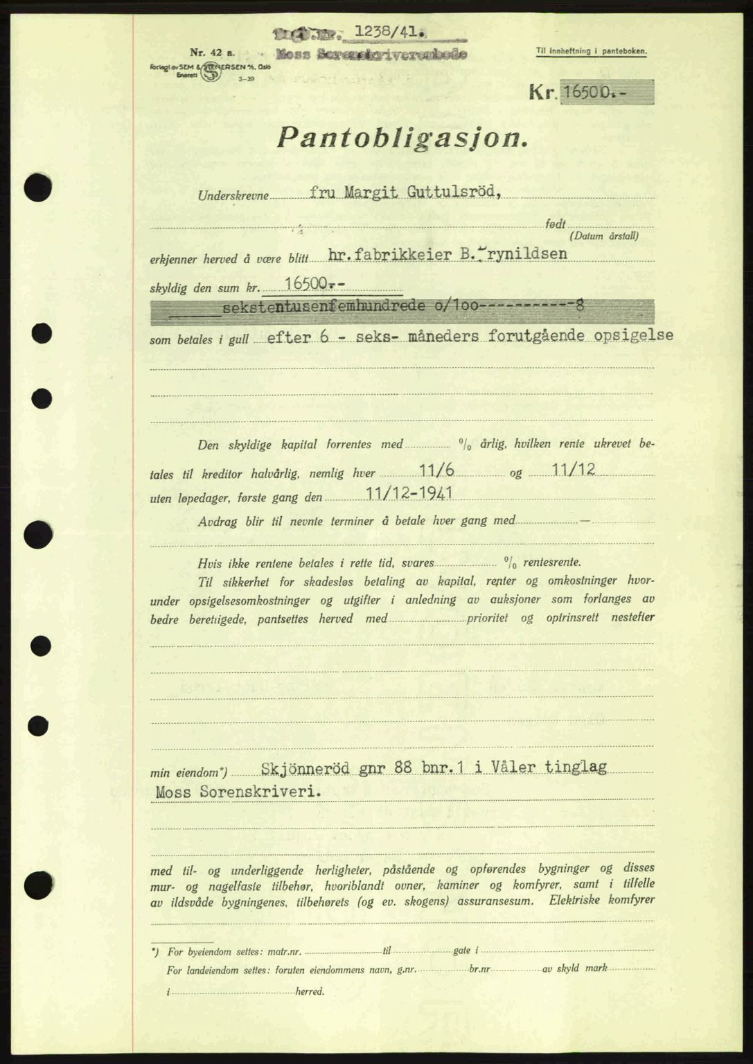 Moss sorenskriveri, SAO/A-10168: Pantebok nr. B10, 1940-1941, Dagboknr: 1238/1941
