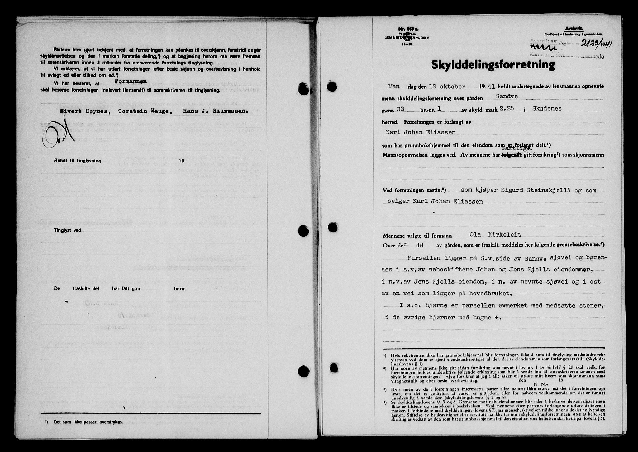 Karmsund sorenskriveri, SAST/A-100311/01/II/IIB/L0076: Pantebok nr. 57A, 1941-1941, Dagboknr: 2123/1941