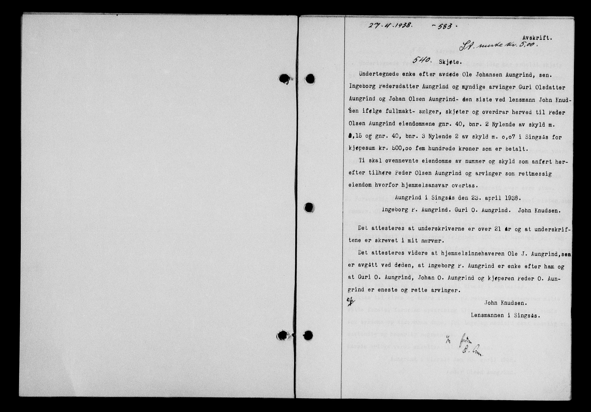 Gauldal sorenskriveri, SAT/A-0014/1/2/2C/L0048: Pantebok nr. 51-52, 1937-1938, s. 583, Dagboknr: 540/1938