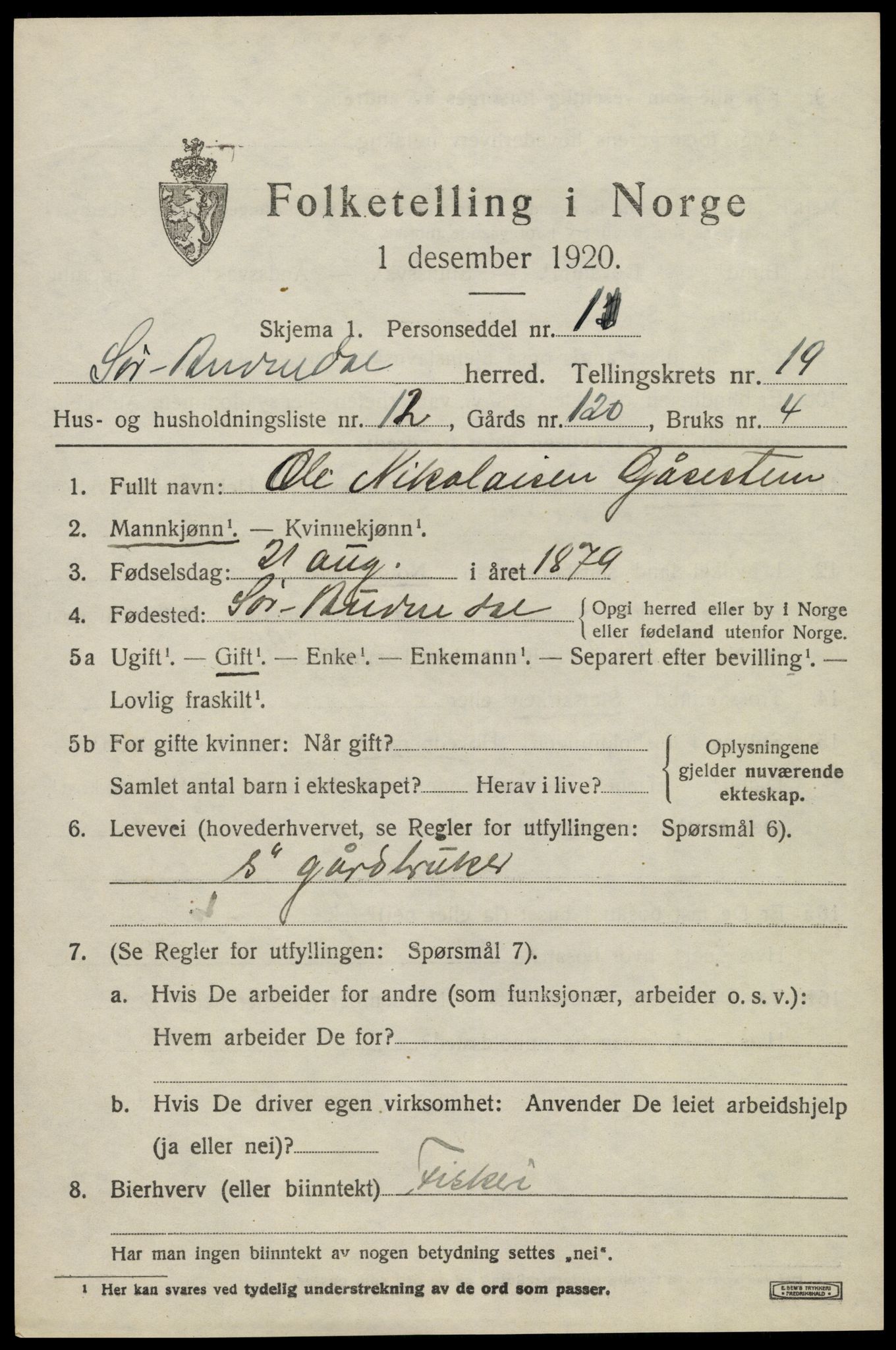 SAK, Folketelling 1920 for 1029 Sør-Audnedal herred, 1920, s. 6675