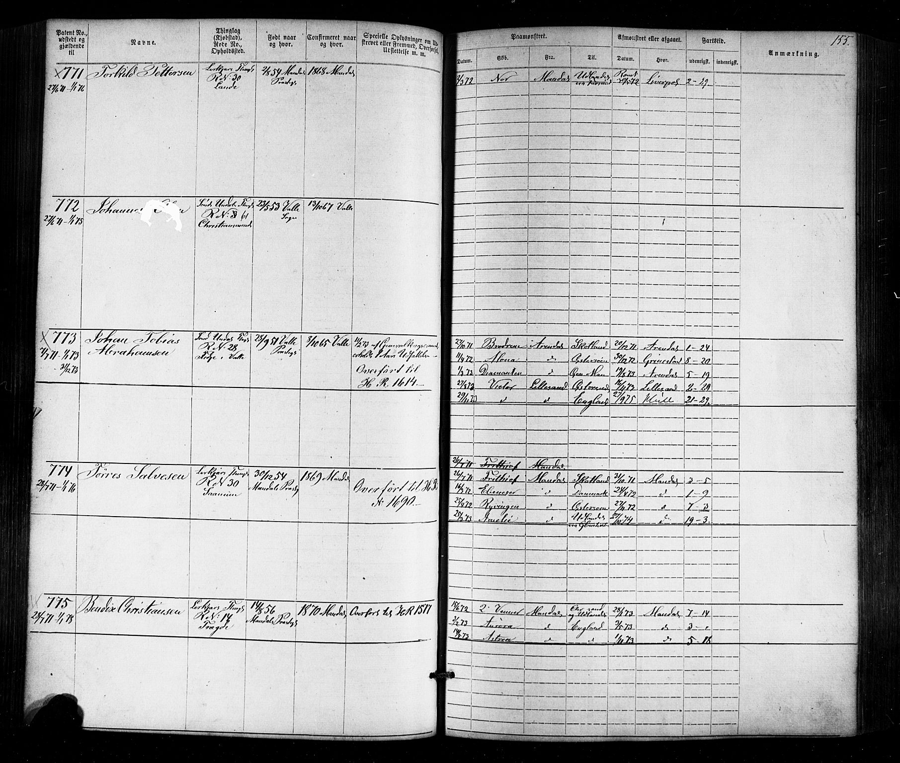 Mandal mønstringskrets, SAK/2031-0016/F/Fa/L0005: Annotasjonsrulle nr 1-1909 med register, Y-15, 1868-1880, s. 188