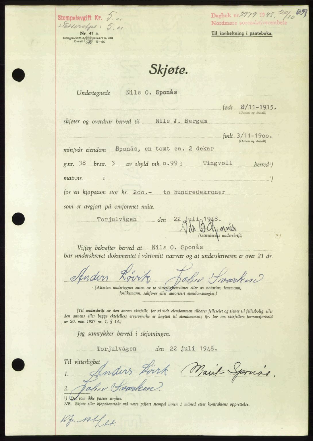 Nordmøre sorenskriveri, AV/SAT-A-4132/1/2/2Ca: Pantebok nr. A109, 1948-1948, Dagboknr: 2979/1948