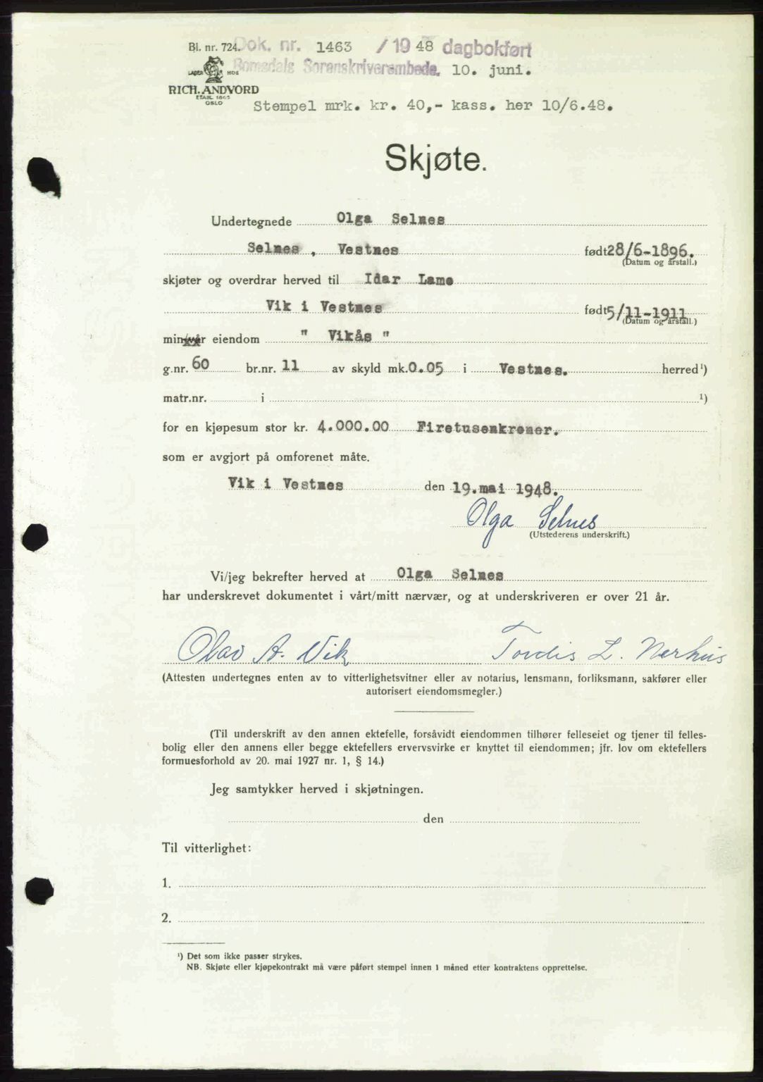 Romsdal sorenskriveri, AV/SAT-A-4149/1/2/2C: Pantebok nr. A26, 1948-1948, Dagboknr: 1463/1948