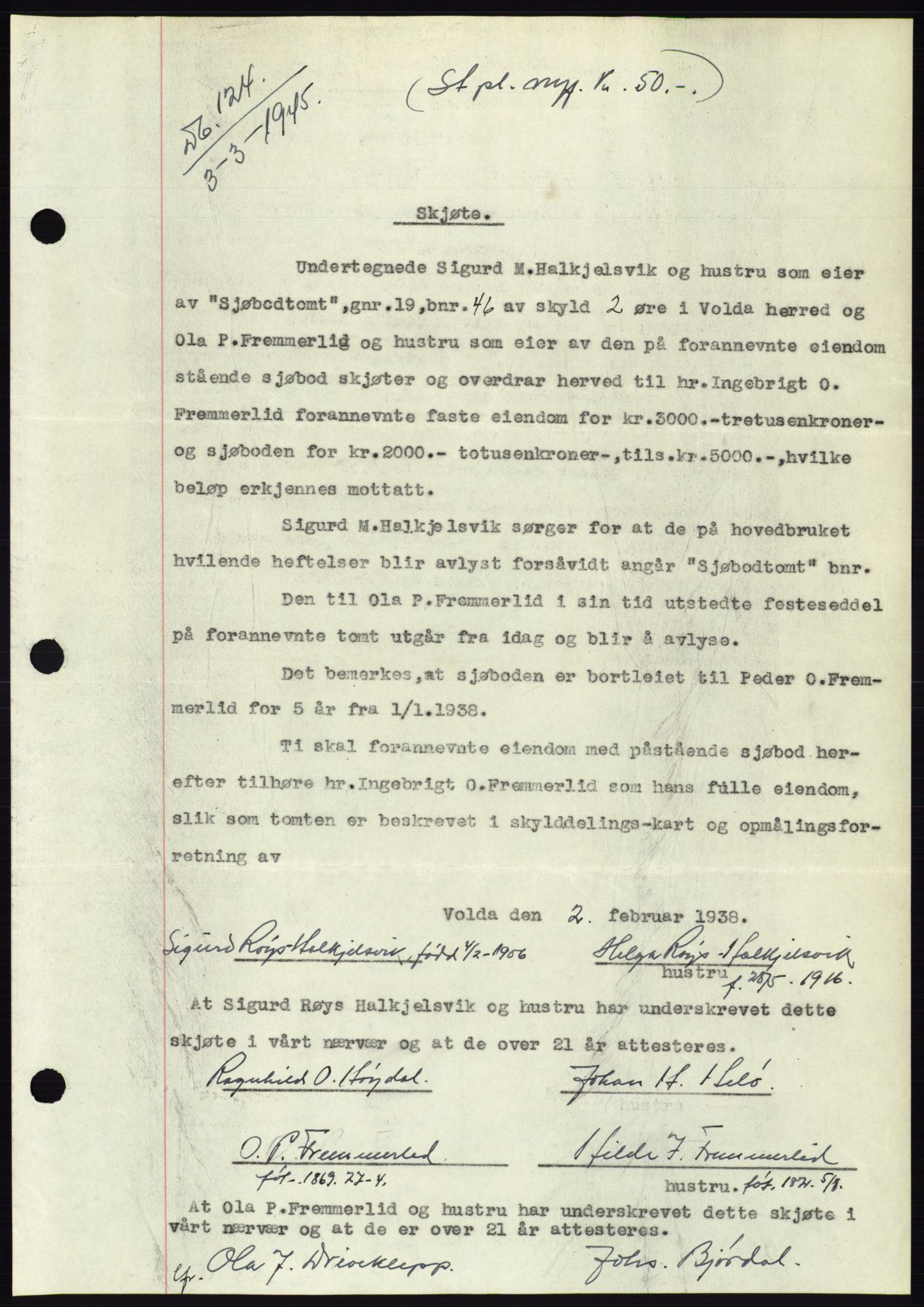 Søre Sunnmøre sorenskriveri, AV/SAT-A-4122/1/2/2C/L0077: Pantebok nr. 3A, 1945-1946, Dagboknr: 124/1945