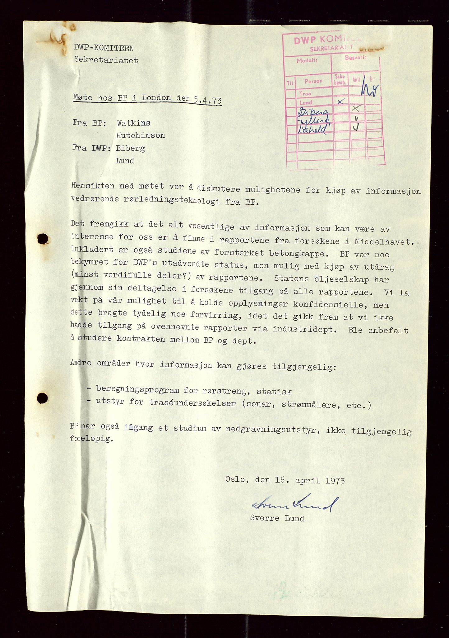 Industridepartementet, Oljekontoret, AV/SAST-A-101348/Di/L0005: DWP, 761 forskning/teknologi, 2 prot. DWP feasibility study, 1972-1975, s. 197