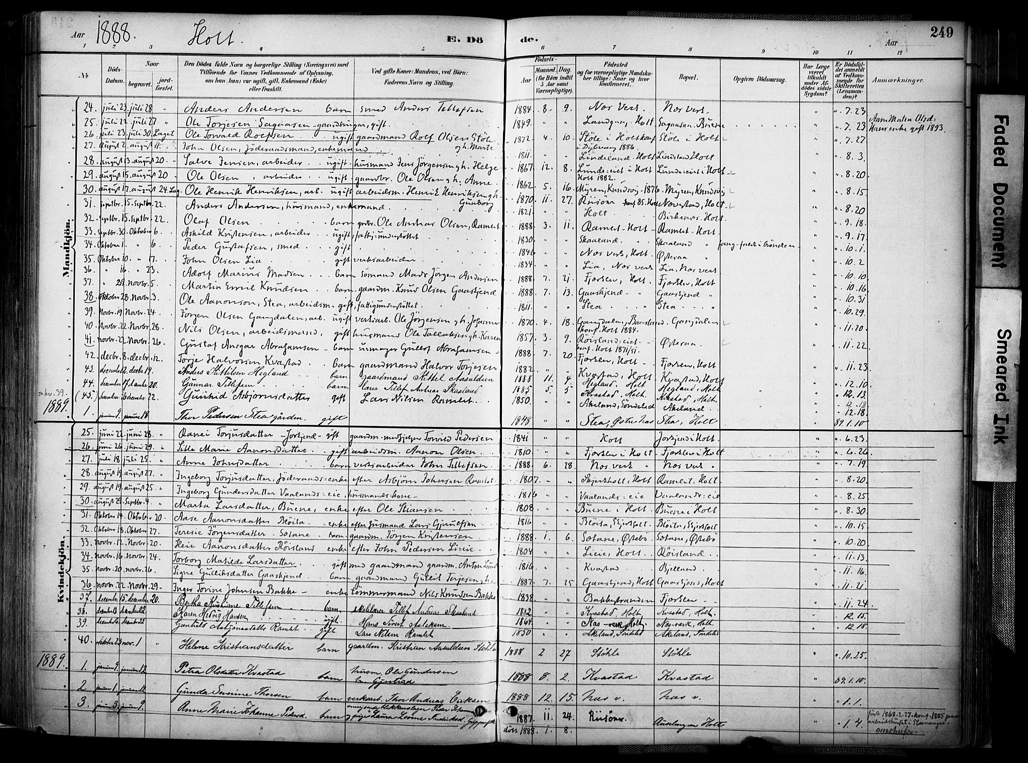 Holt sokneprestkontor, AV/SAK-1111-0021/F/Fa/L0012: Ministerialbok nr. A 12, 1885-1907, s. 249