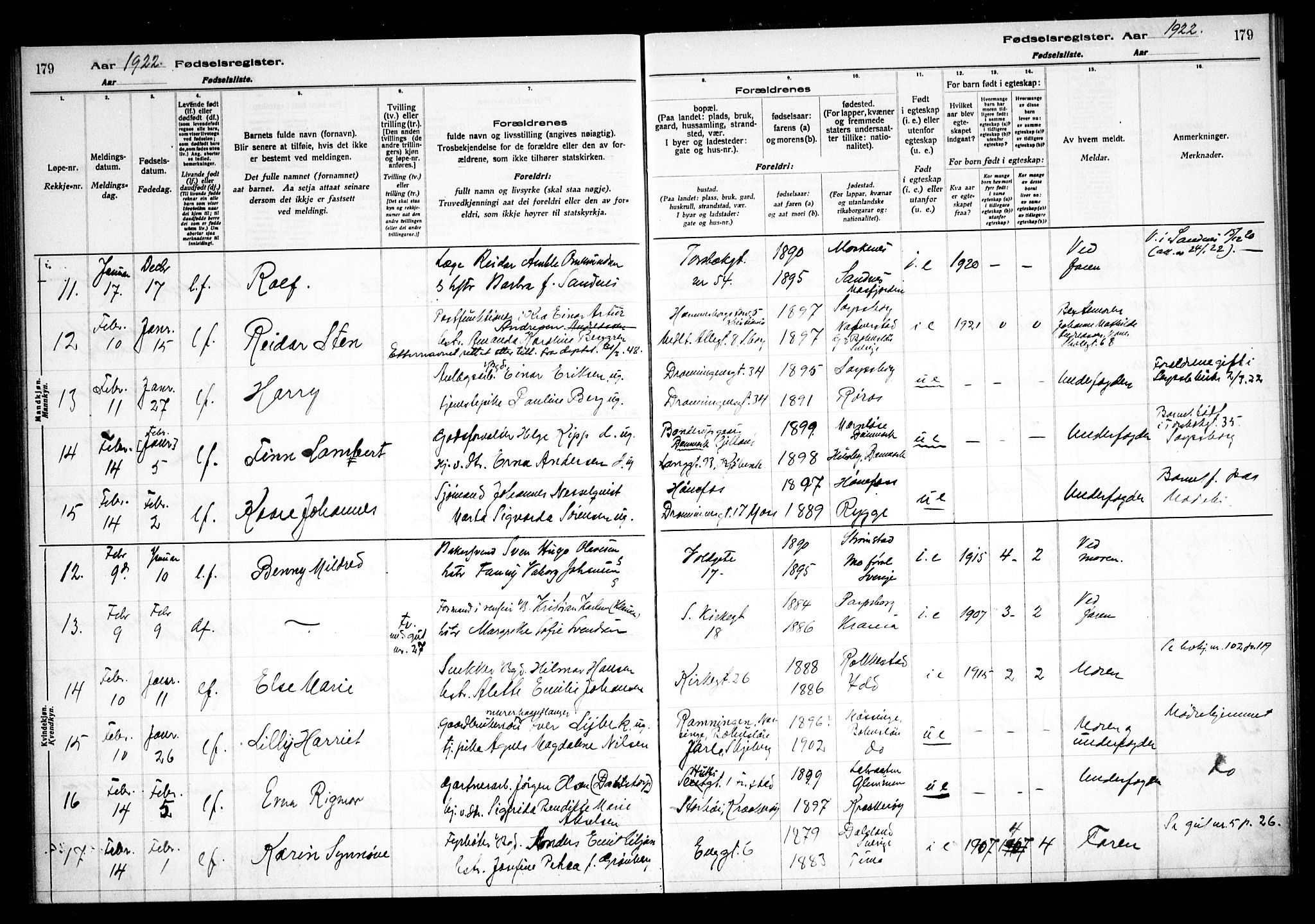 Sarpsborg prestekontor Kirkebøker, AV/SAO-A-2006/J/Ja/L0001: Fødselsregister nr. 1, 1916-1922, s. 179