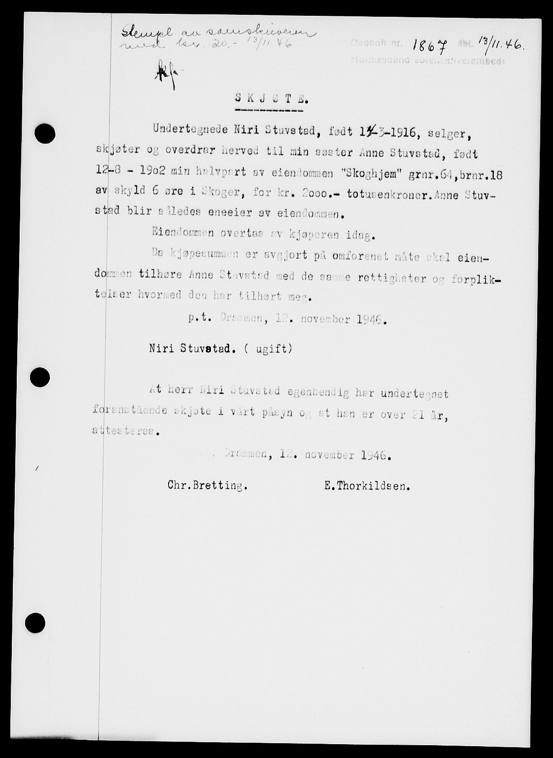 Holmestrand sorenskriveri, SAKO/A-67/G/Ga/Gaa/L0061: Pantebok nr. A-61, 1946-1947, Dagboknr: 1867/1946