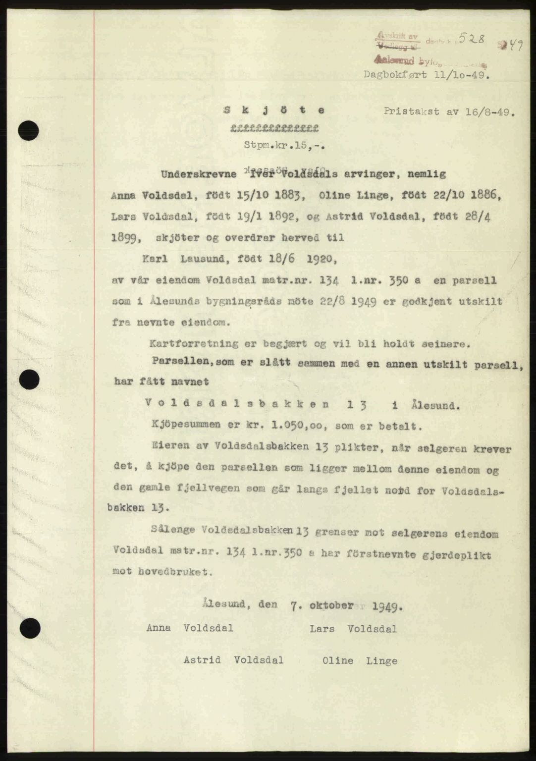 Ålesund byfogd, AV/SAT-A-4384: Pantebok nr. 37A (2), 1949-1950, Dagboknr: 528/1949