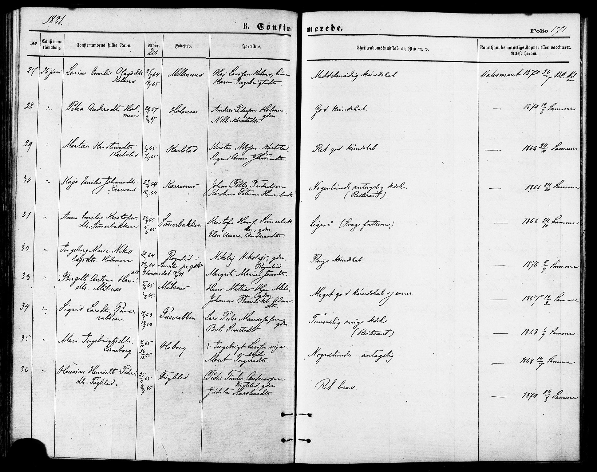 Målselv sokneprestembete, AV/SATØ-S-1311/G/Ga/Gaa/L0005kirke: Ministerialbok nr. 5, 1872-1884, s. 171