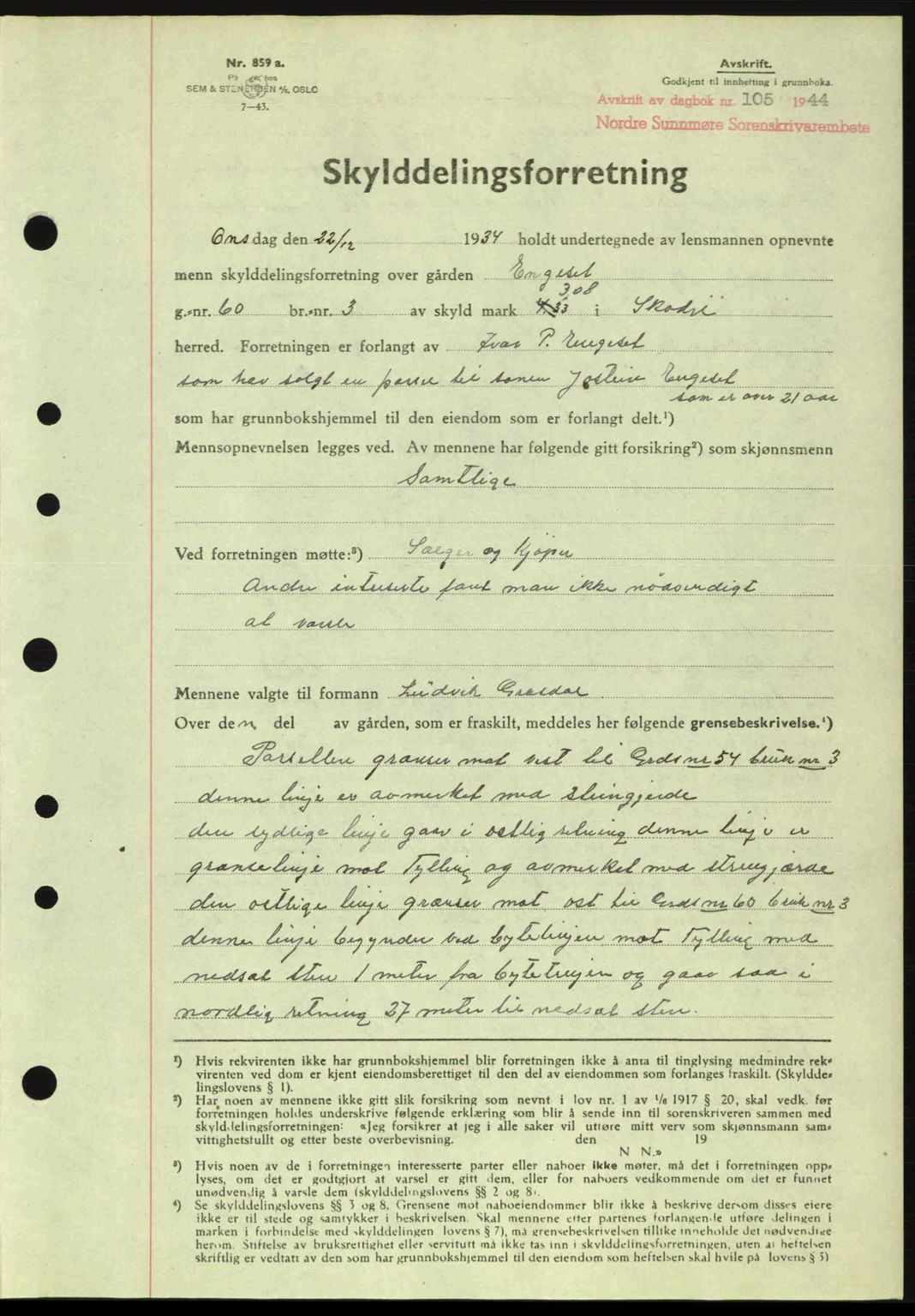 Nordre Sunnmøre sorenskriveri, AV/SAT-A-0006/1/2/2C/2Ca: Pantebok nr. A17, 1943-1944, Dagboknr: 105/1944