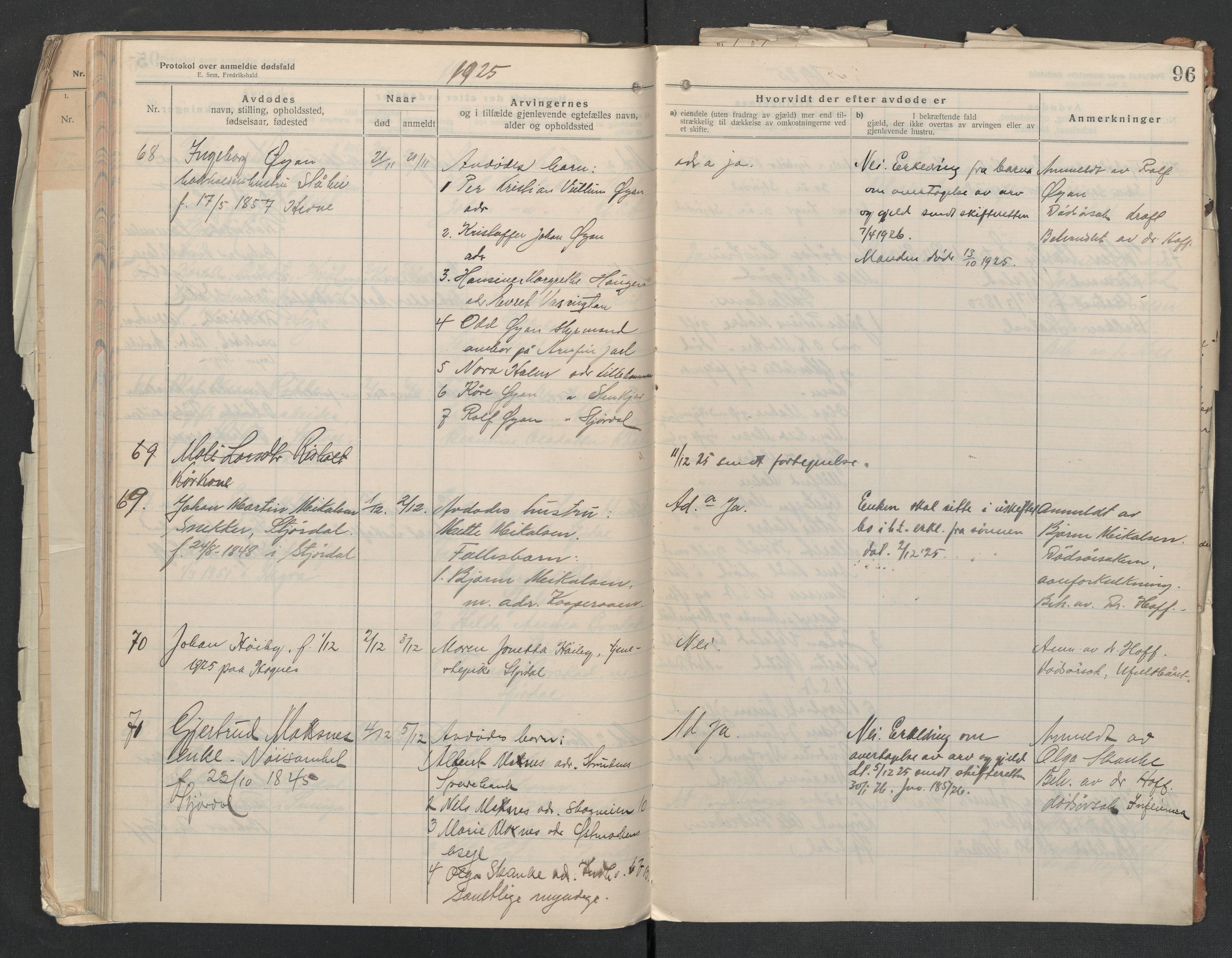Nedre Stjørdal lensmannskontor, AV/SAT-A-1044/02/L0005: 2.01.05 Dødsfallsprotokoller, 1921-1928, s. 96