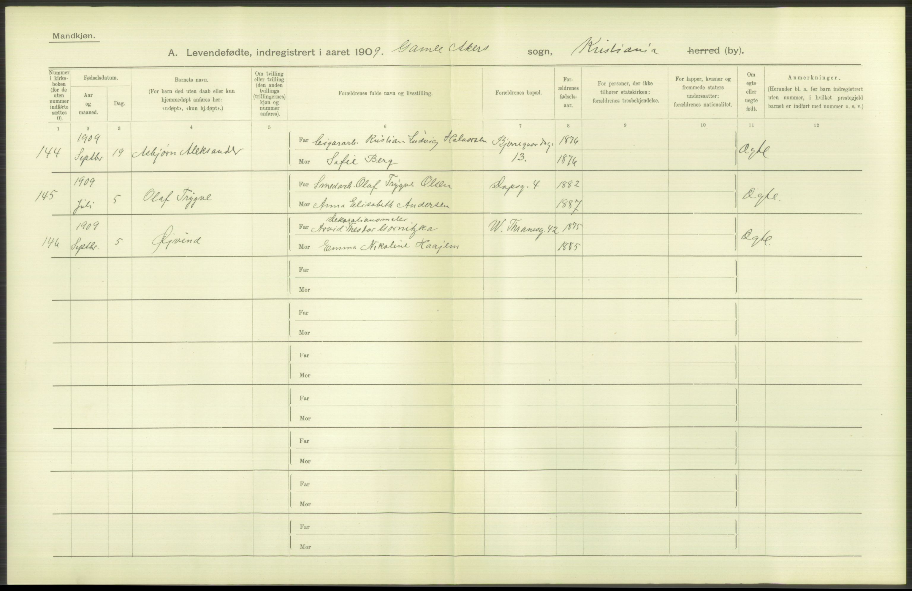 Statistisk sentralbyrå, Sosiodemografiske emner, Befolkning, AV/RA-S-2228/D/Df/Dfa/Dfag/L0007: Kristiania: Levendefødte menn og kvinner., 1909, s. 360