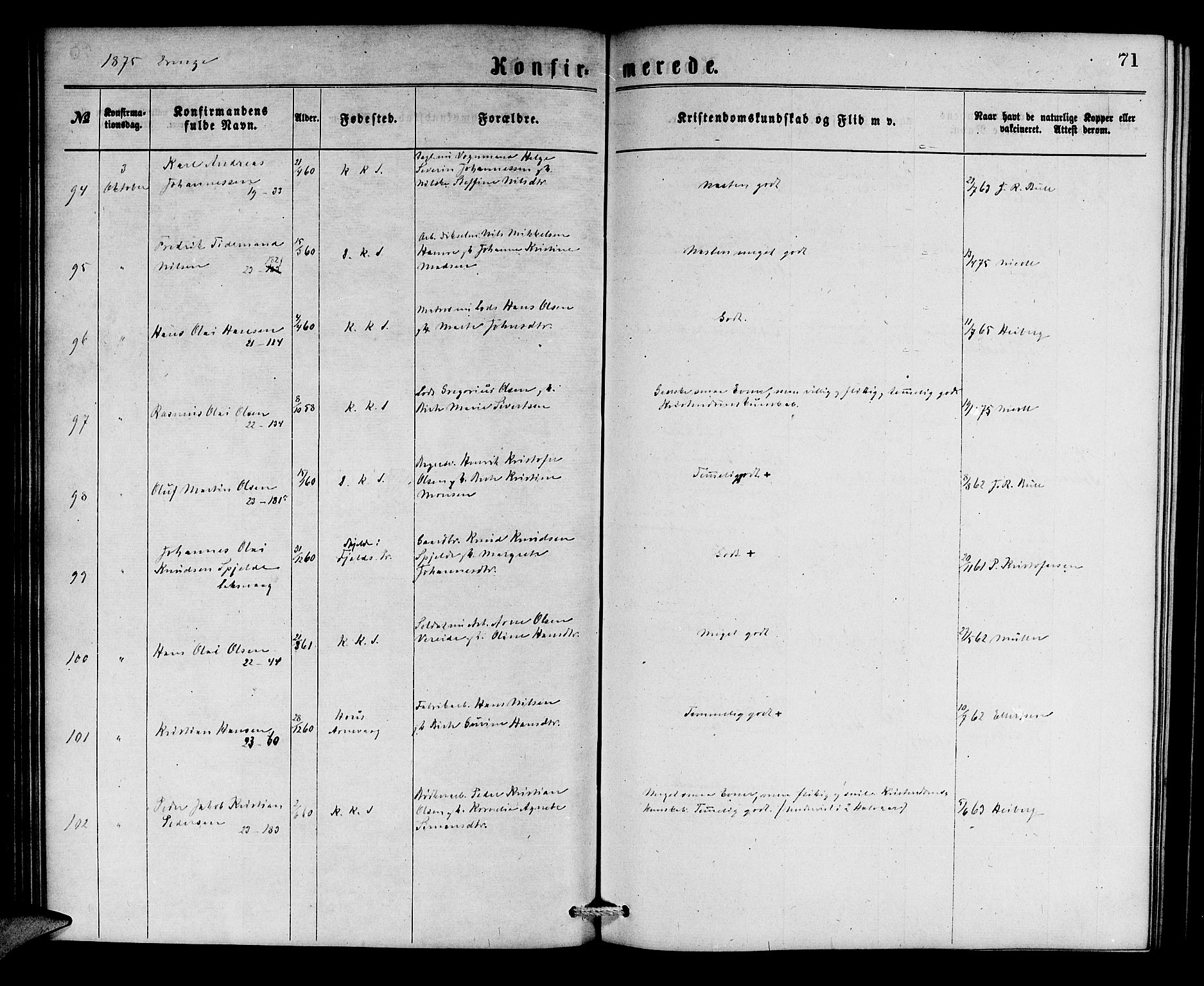 Korskirken sokneprestembete, SAB/A-76101/H/Hab: Klokkerbok nr. C 2, 1869-1879, s. 71