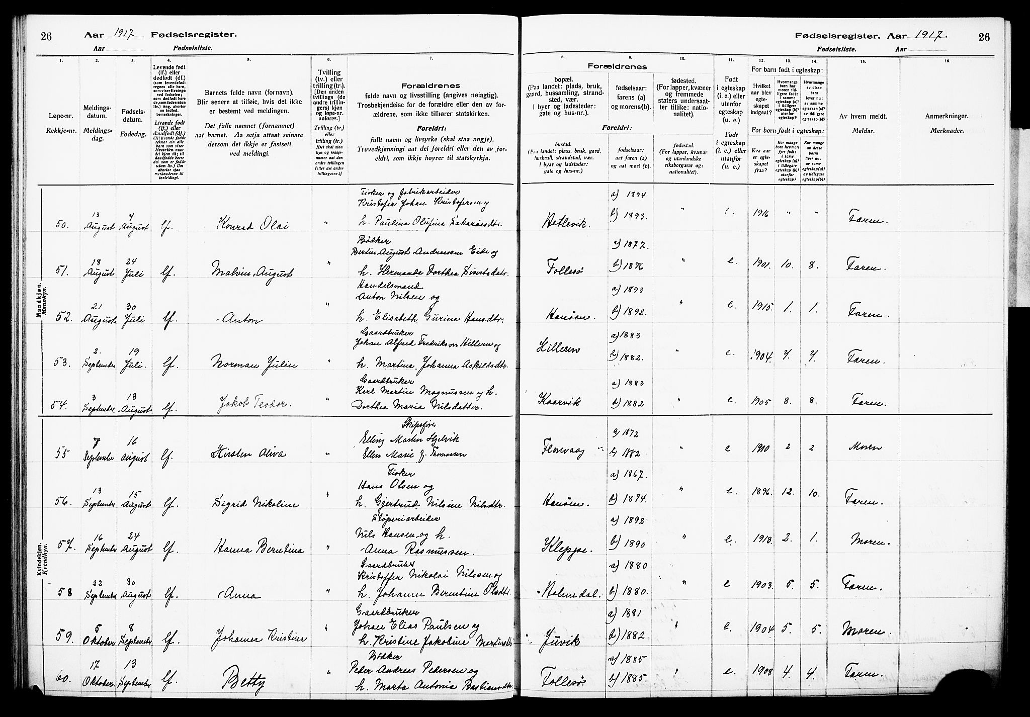 Askøy Sokneprestembete, AV/SAB-A-74101/I/Id/L00A1: Fødselsregister nr. A 1, 1916-1928, s. 26