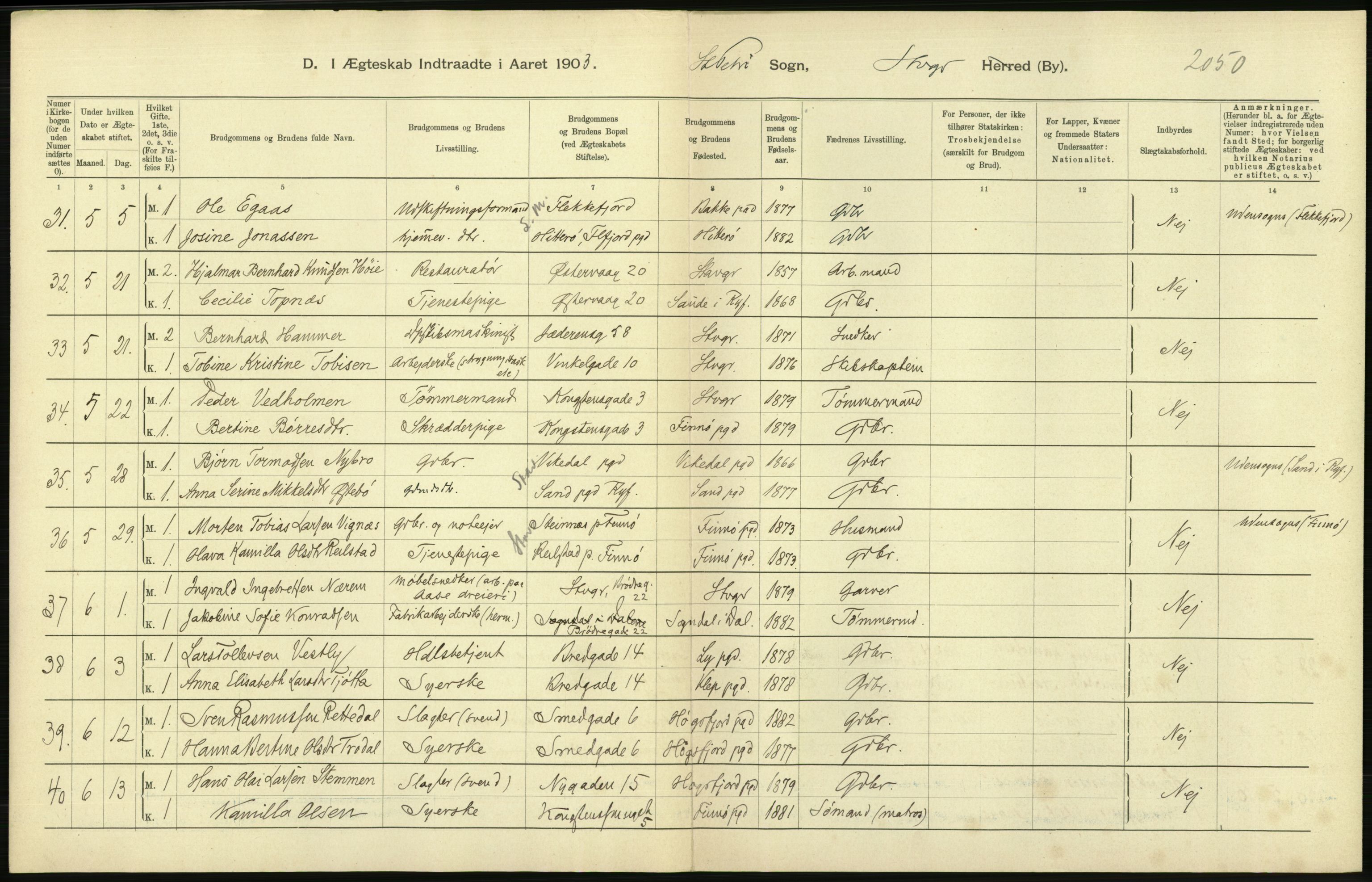 Statistisk sentralbyrå, Sosiodemografiske emner, Befolkning, AV/RA-S-2228/D/Df/Dfa/Dfaa/L0012: Stavanger amt: Fødte, gifte, døde, 1903, s. 612