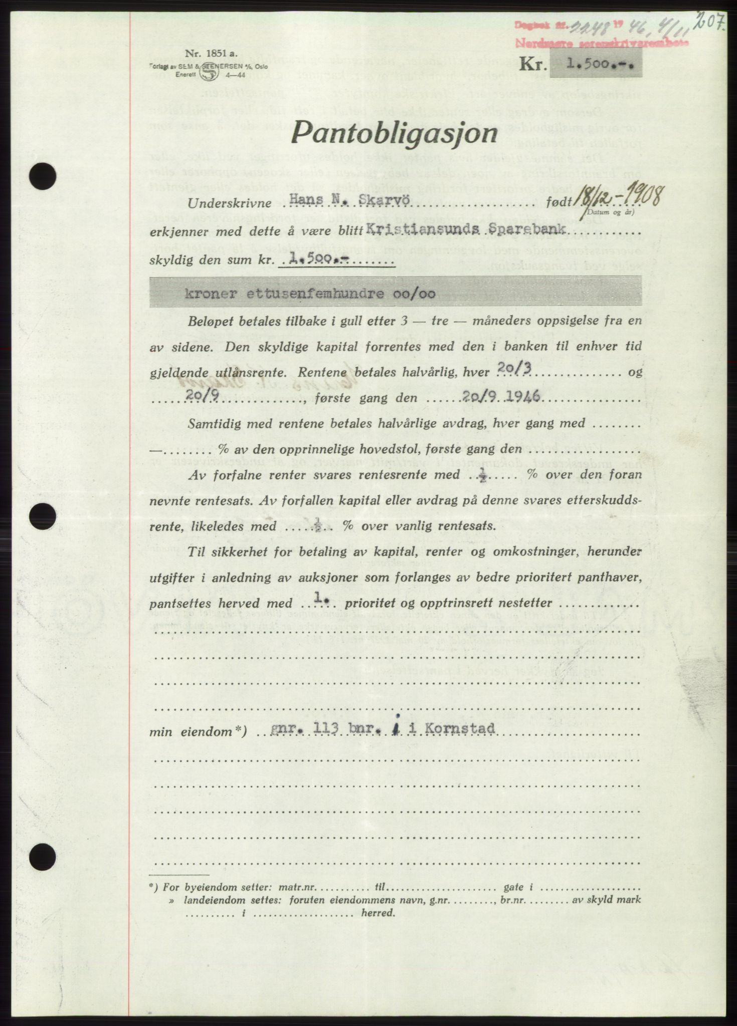 Nordmøre sorenskriveri, AV/SAT-A-4132/1/2/2Ca: Pantebok nr. B95, 1946-1947, Dagboknr: 2248/1946