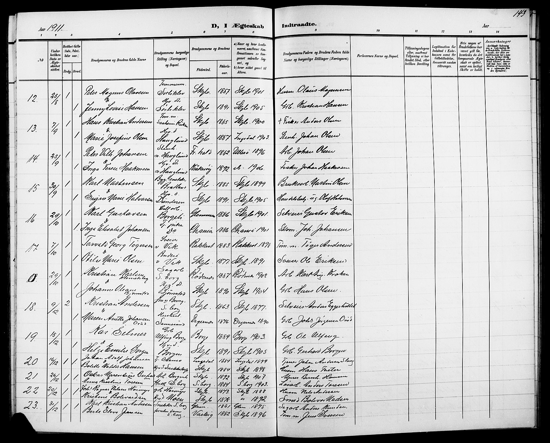 Skjeberg prestekontor Kirkebøker, AV/SAO-A-10923/G/Ga/L0002: Klokkerbok nr. I 2, 1901-1924, s. 143