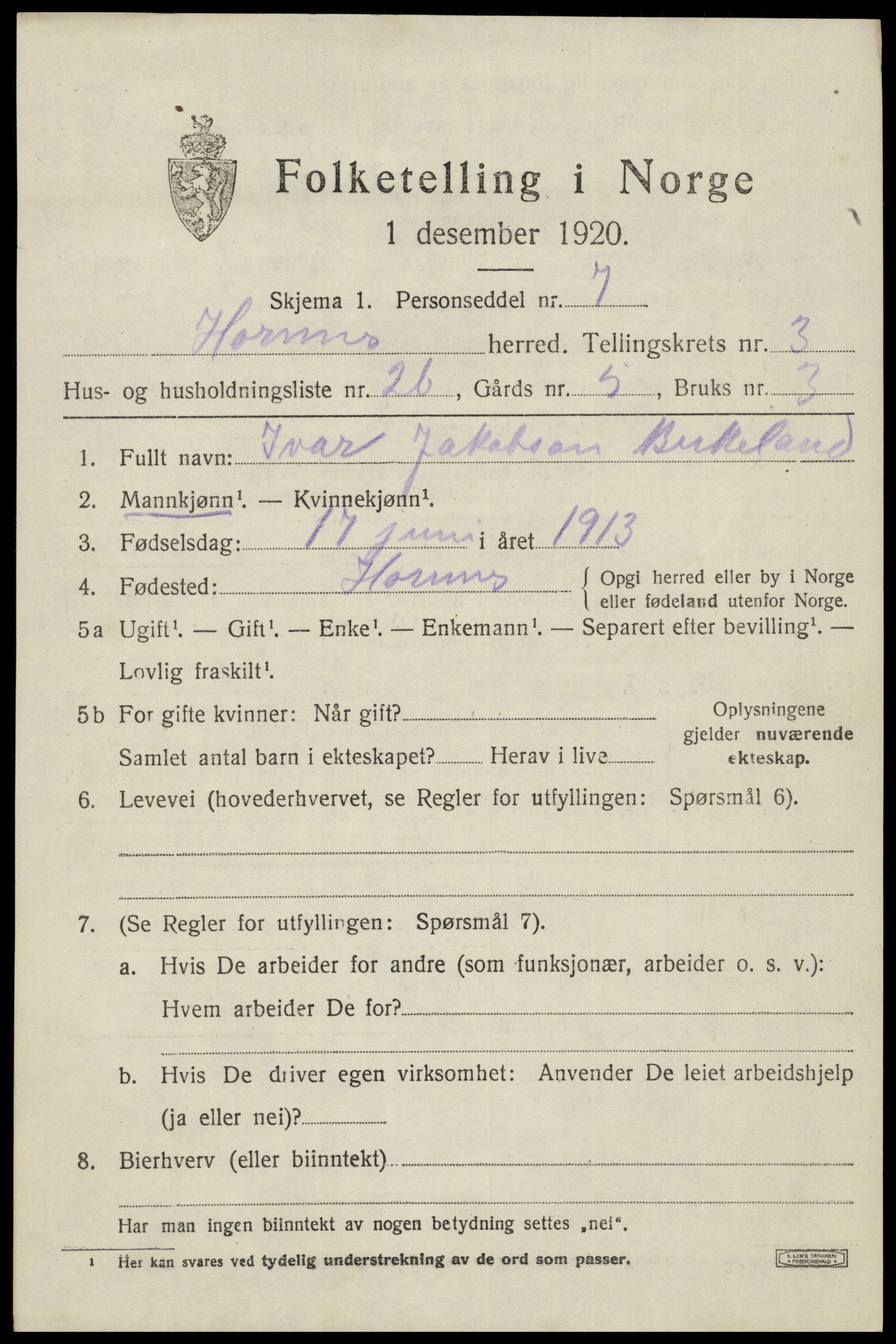 SAK, Folketelling 1920 for 0936 Hornnes herred, 1920, s. 1119