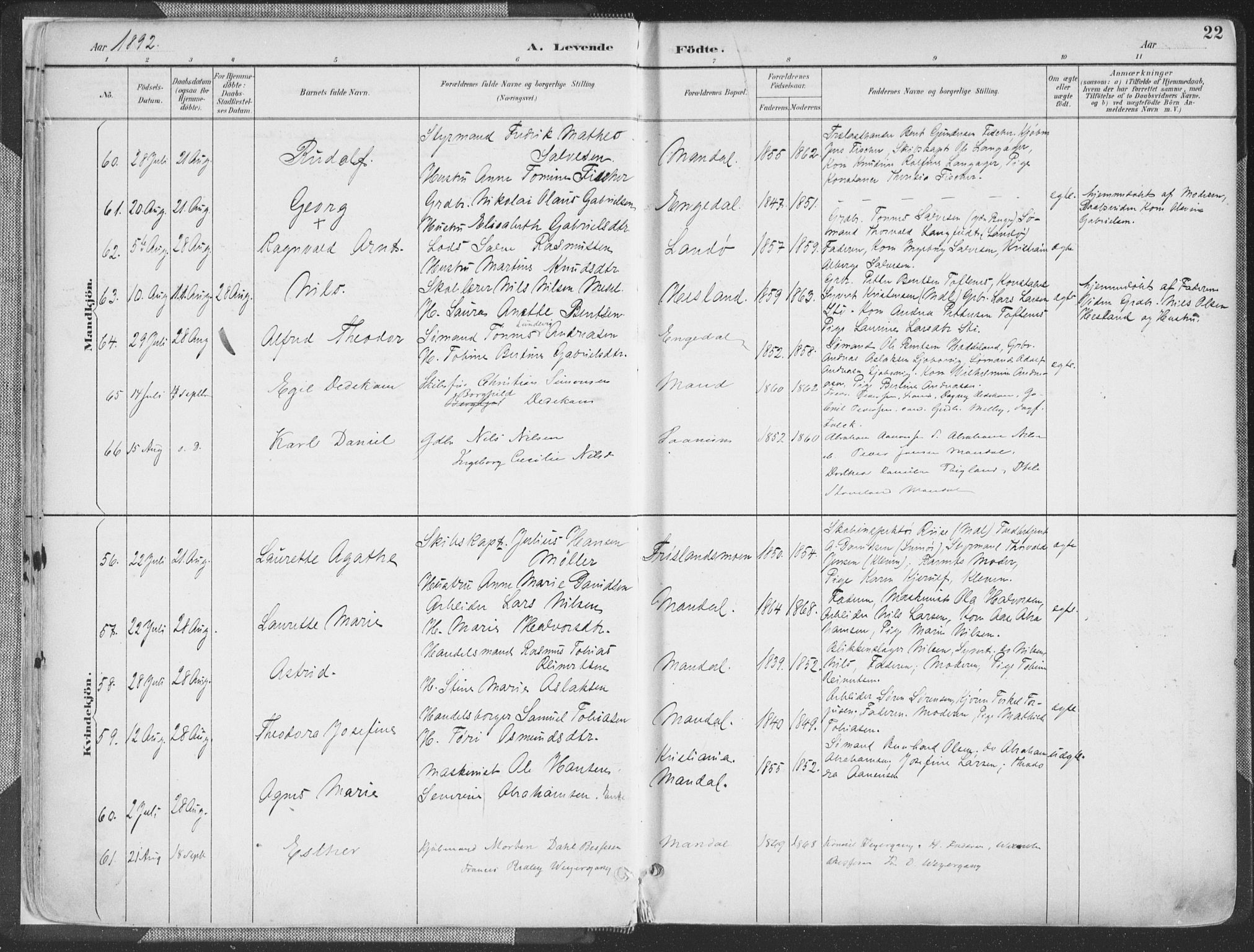 Mandal sokneprestkontor, AV/SAK-1111-0030/F/Fa/Faa/L0018: Ministerialbok nr. A 18, 1890-1905, s. 22
