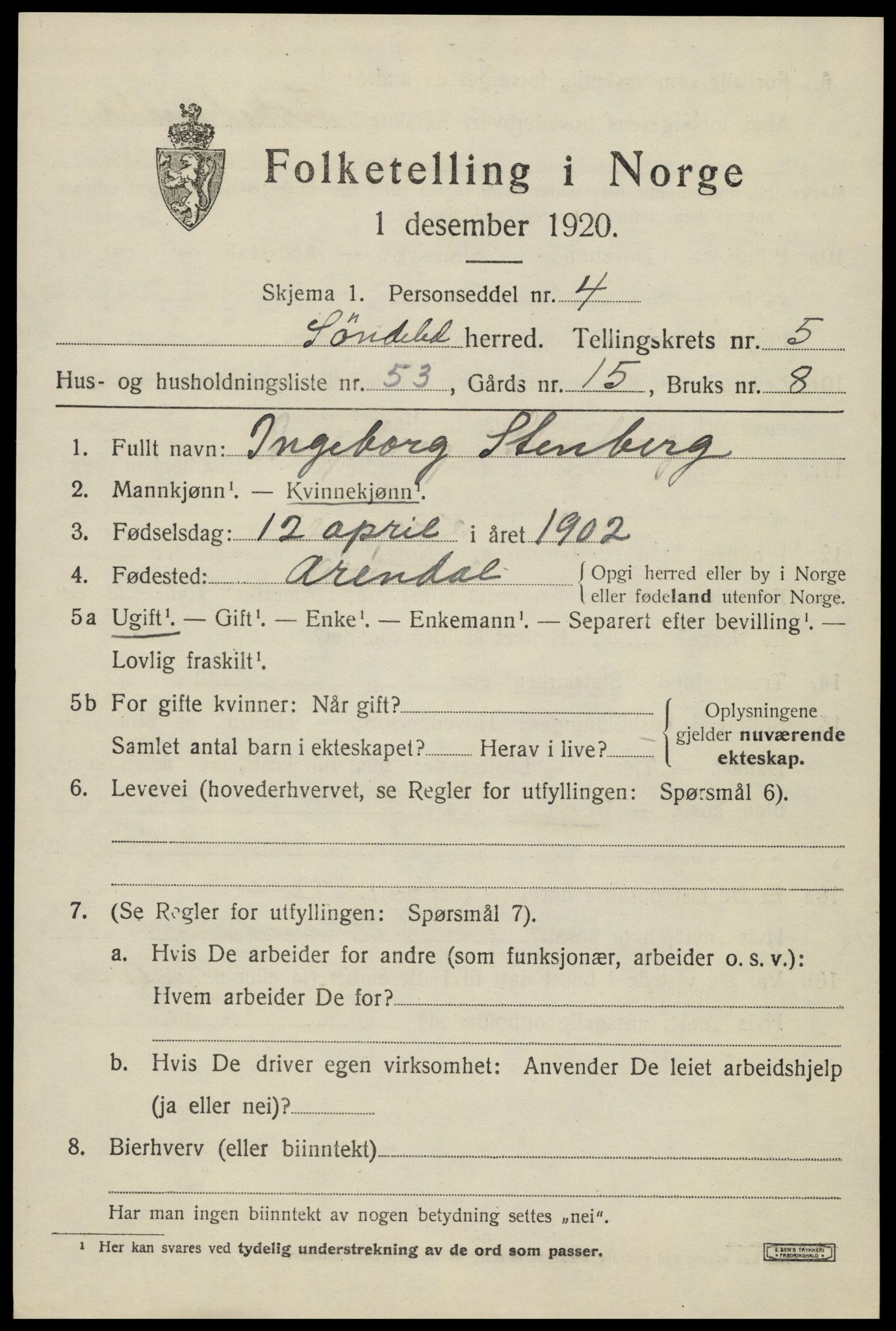 SAK, Folketelling 1920 for 0913 Søndeled herred, 1920, s. 3375