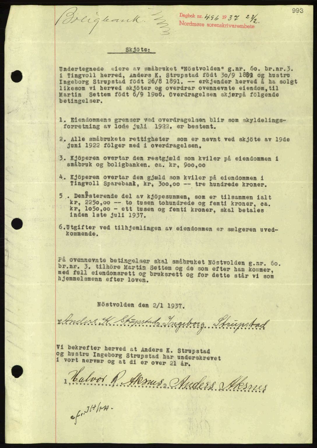 Nordmøre sorenskriveri, AV/SAT-A-4132/1/2/2Ca: Pantebok nr. A80, 1936-1937, Dagboknr: 496/1937
