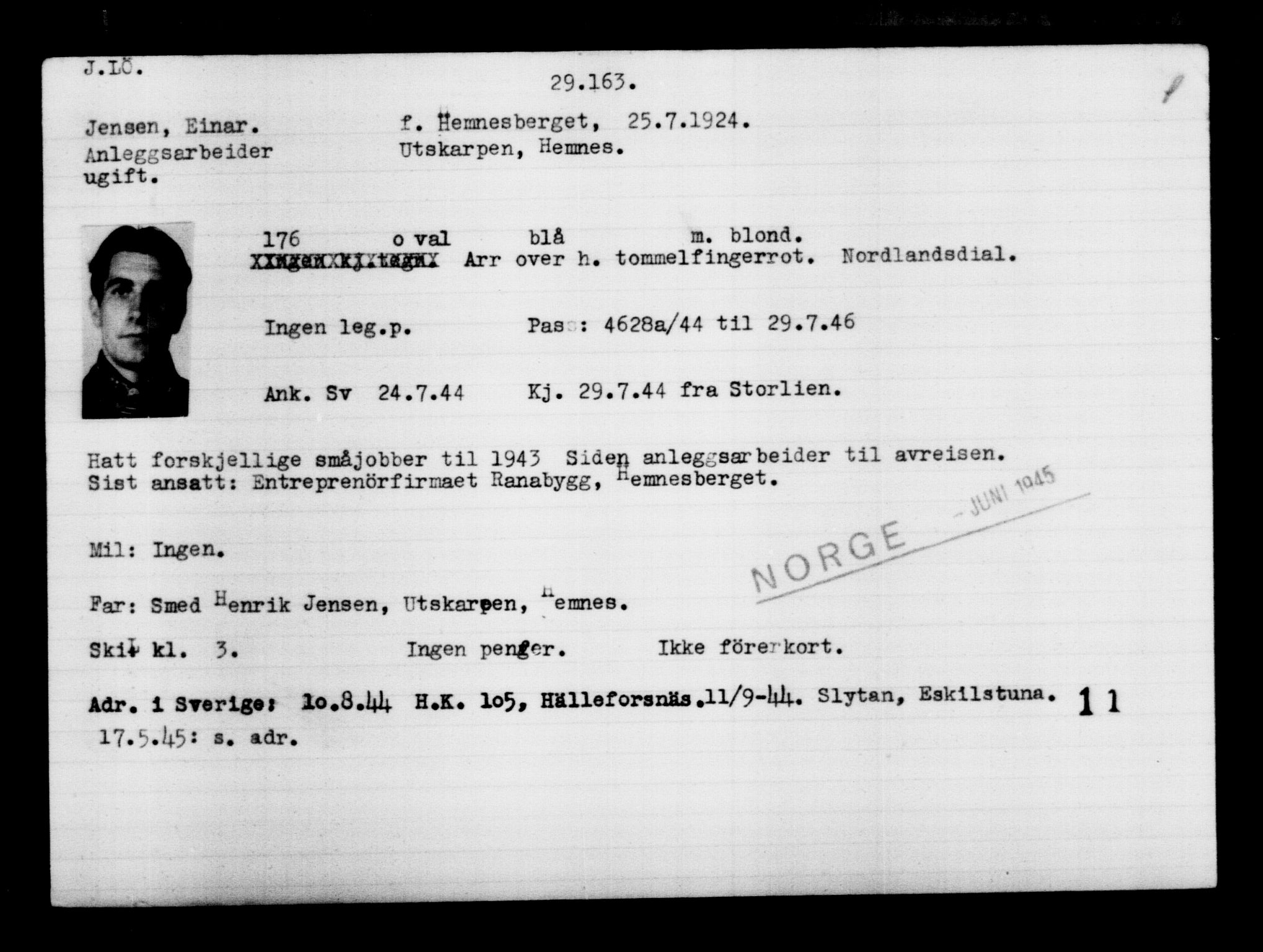 Utenriksstasjonene, Legasjonen i Stockholm, Flyktningkontoret, AV/RA-S-6753/V/Va/L0012: Kjesäterkartoteket, flyktninger med registreringsnr. 28300-31566, 1940-1945, s. 942